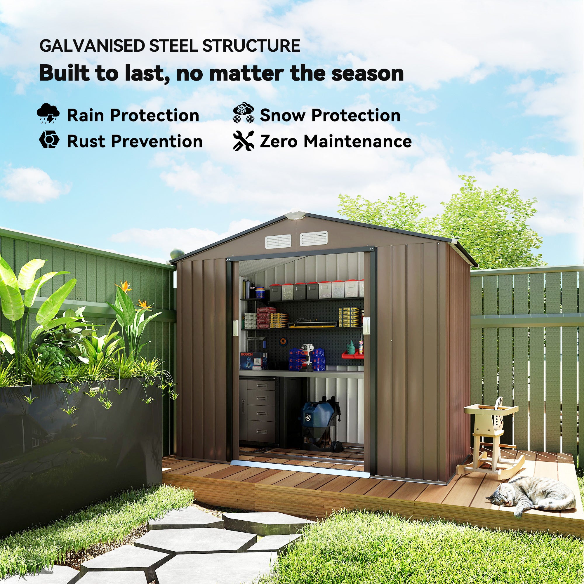 7' x 4' Metal Garden Storage Shed with Foundation - Brown-Patio & Garden > Lawn & Garden > Sheds-DECOROLALA