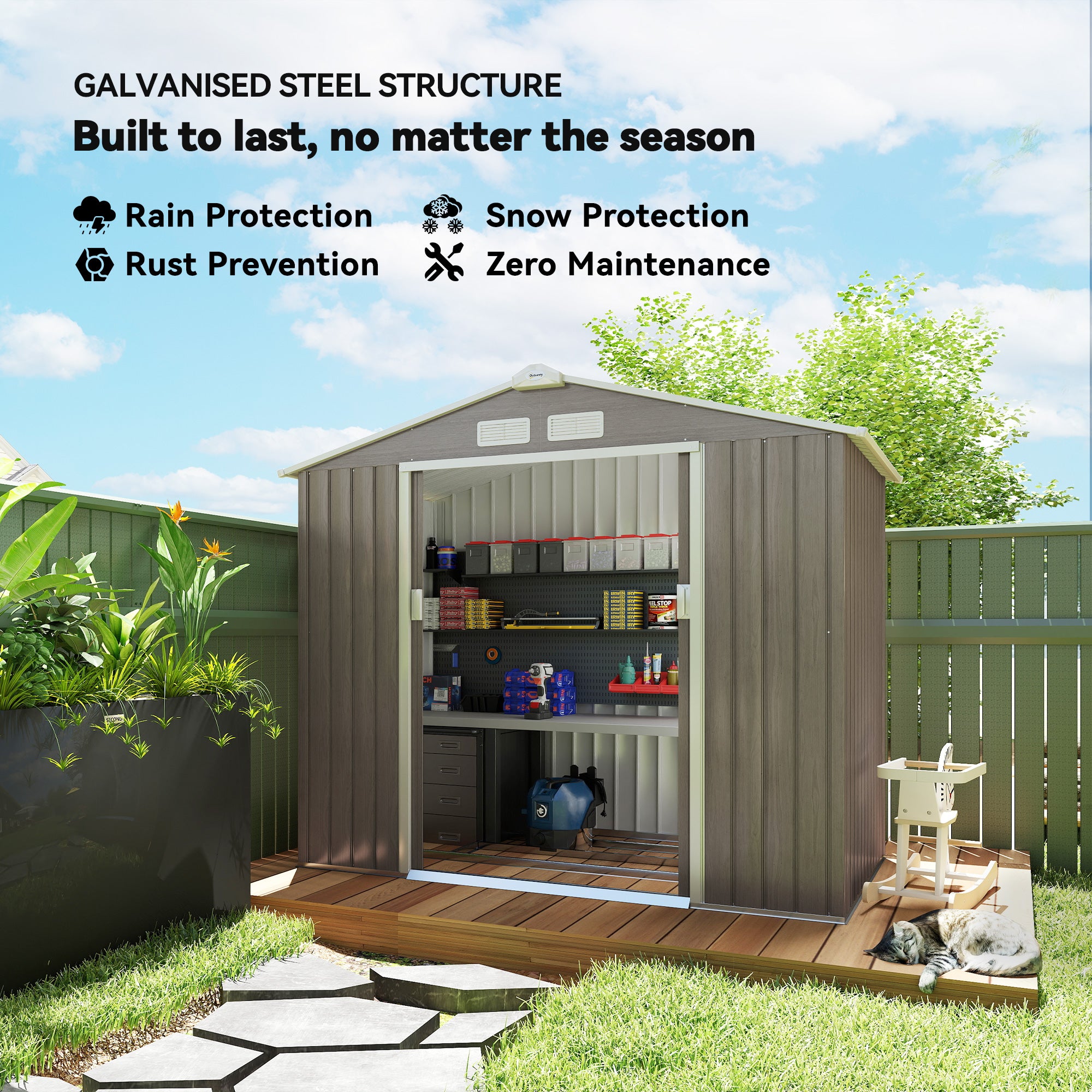 7' x 4' Metal Garden Storage Shed with Foundation - Brown-Patio & Garden > Lawn & Garden > Sheds-DECOROLALA