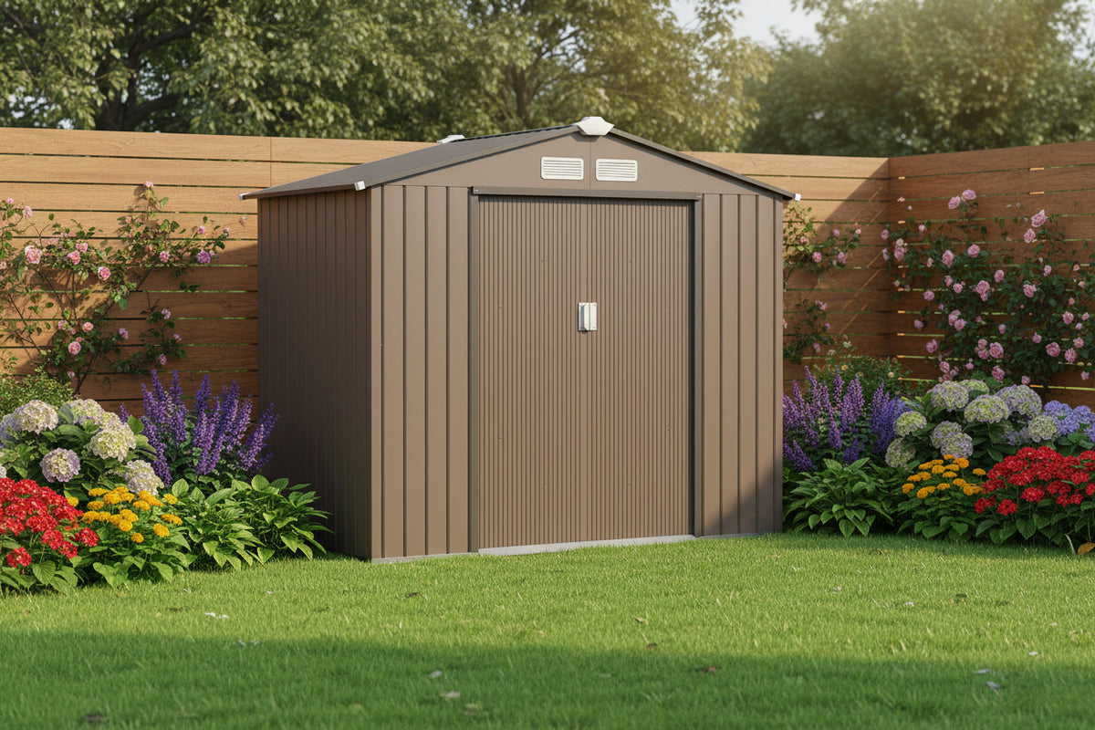 7' x 4' Metal Garden Storage Shed with Foundation - Brown-Patio & Garden > Lawn & Garden > Sheds-DECOROLALA