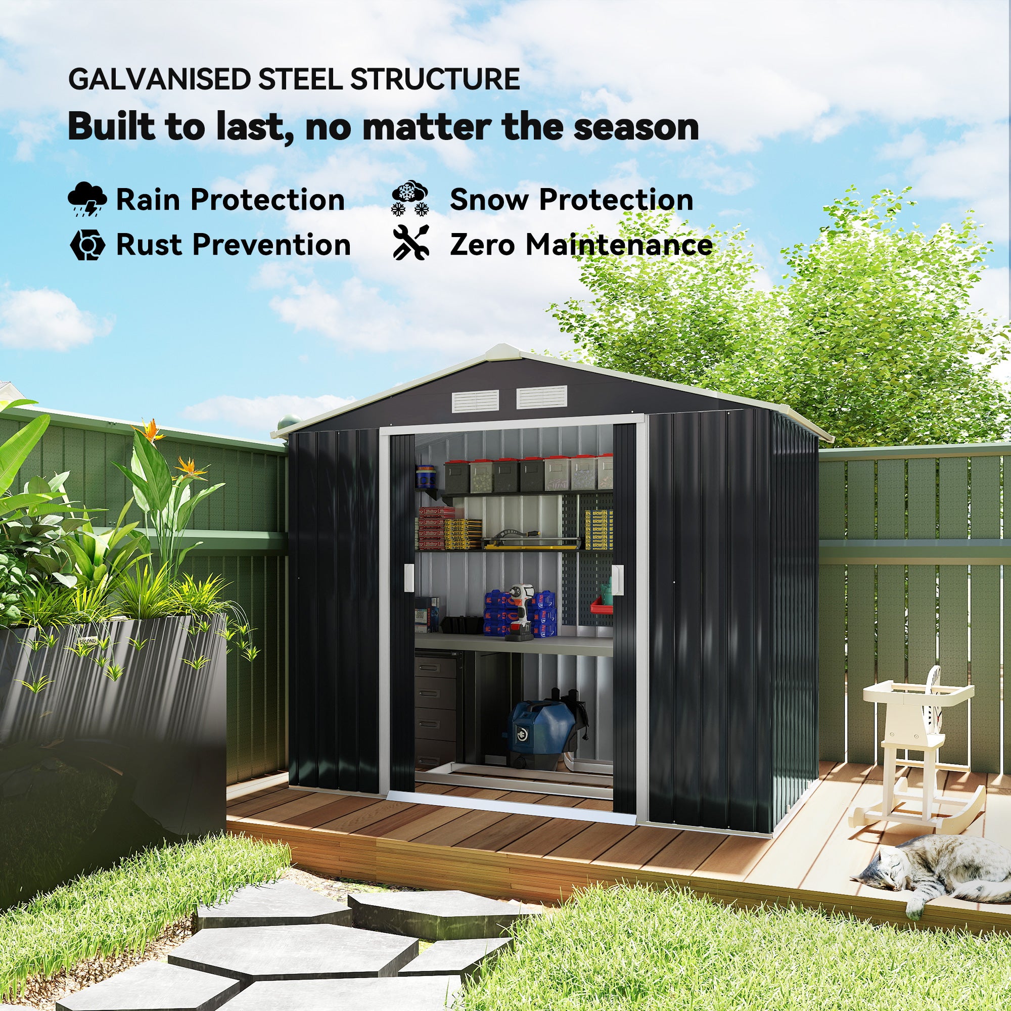 7' x 4' Metal Garden Storage Shed with Foundation Dark Grey-Patio & Garden > Lawn & Garden > Sheds-DECOROLALA