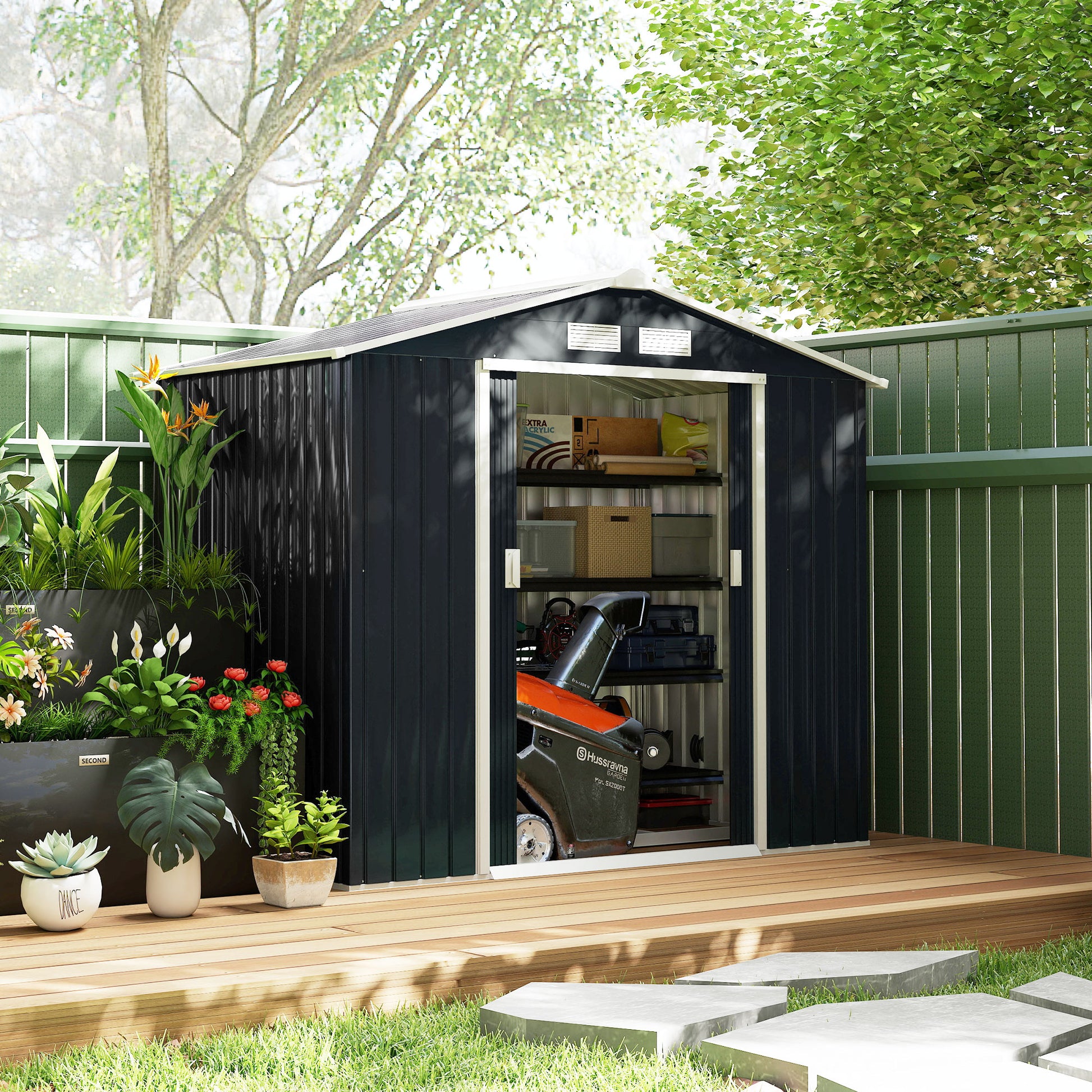 7' x 4' Metal Garden Storage Shed with Foundation Dark Grey-Patio & Garden > Lawn & Garden > Sheds-DECOROLALA