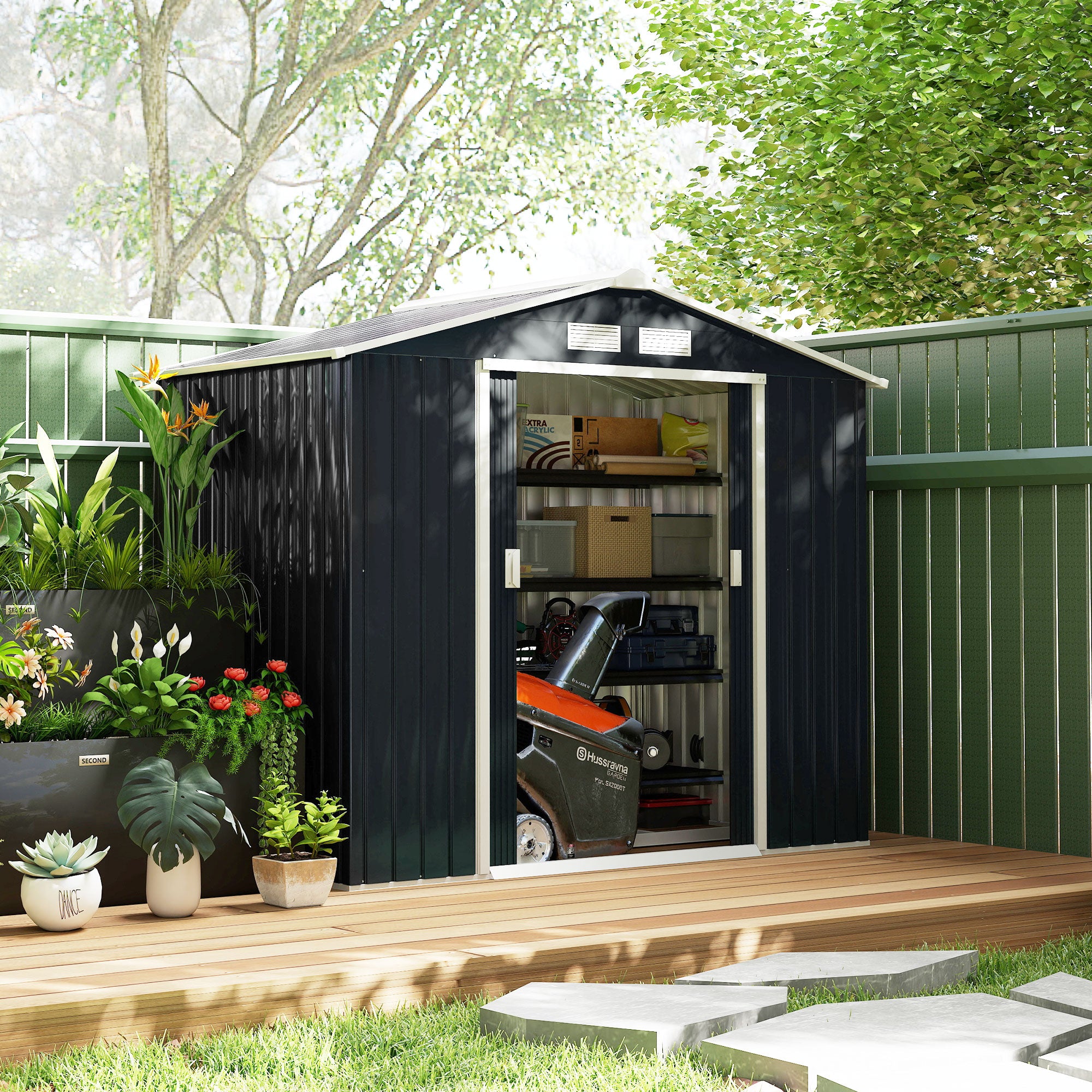 7' x 4' Metal Garden Storage Shed with Foundation Dark Grey-Patio & Garden > Lawn & Garden > Sheds-DECOROLALA