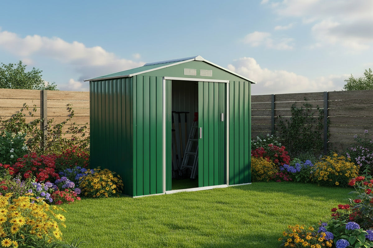 7' x 4' Metal Garden Storage Shed with Foundation - Green-Patio & Garden > Lawn & Garden > Sheds-DECOROLALA