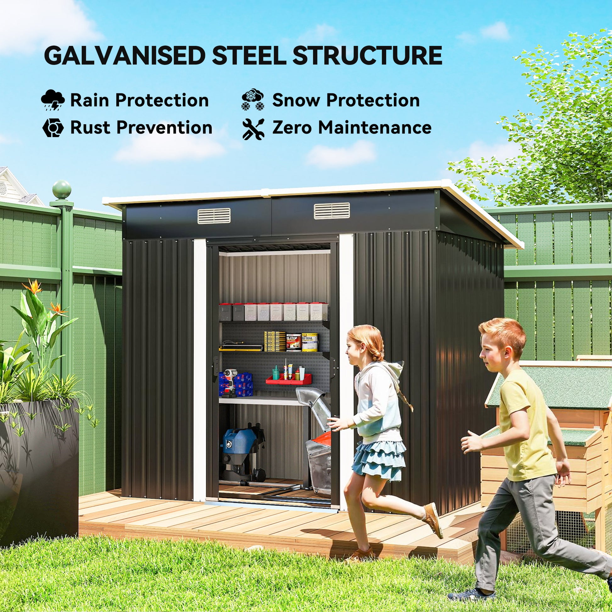 7' x 4' Metal Patio Storage Shed - Black Galvanized Steel Tool Unit-Patio & Garden > Lawn & Garden > Sheds-DECOROLALA