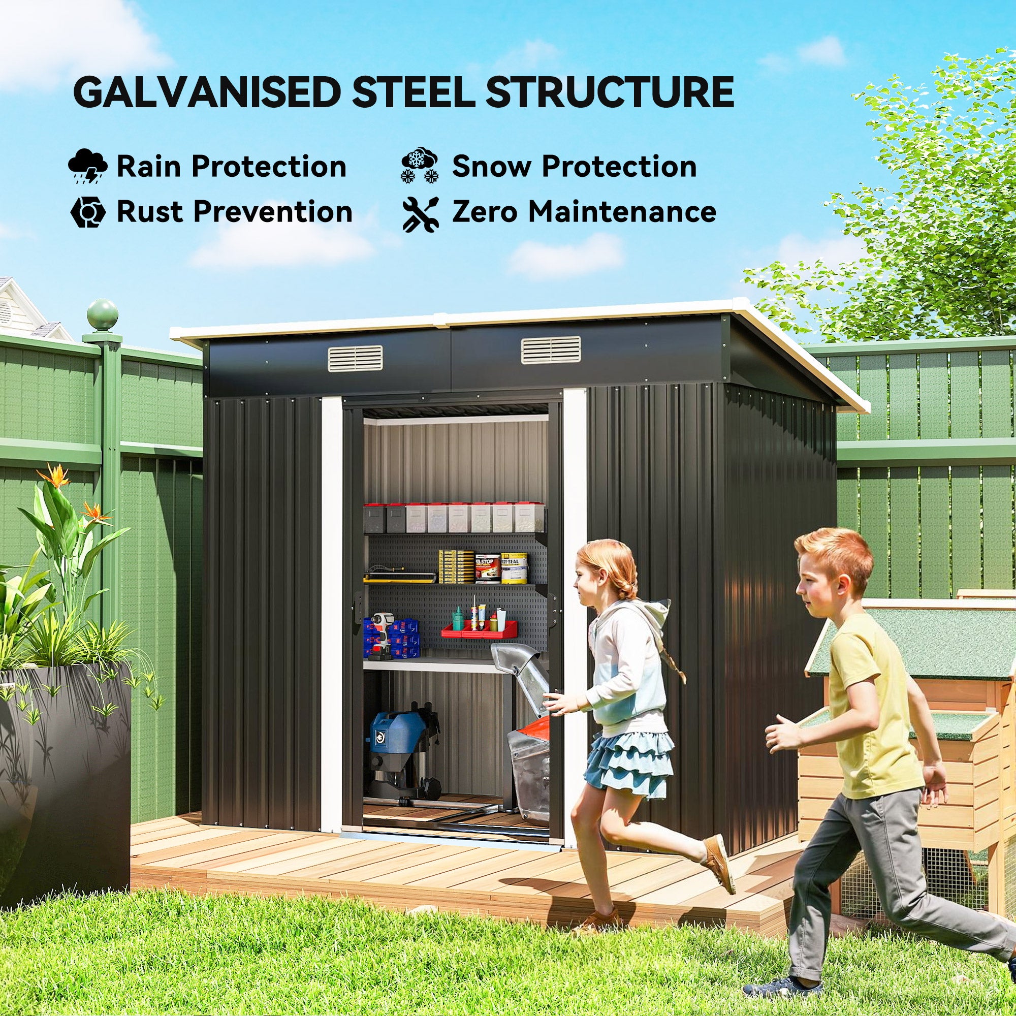 7' x 4' Metal Patio Storage Shed - Black Galvanized Steel Tool Unit-Patio & Garden > Lawn & Garden > Sheds-DECOROLALA