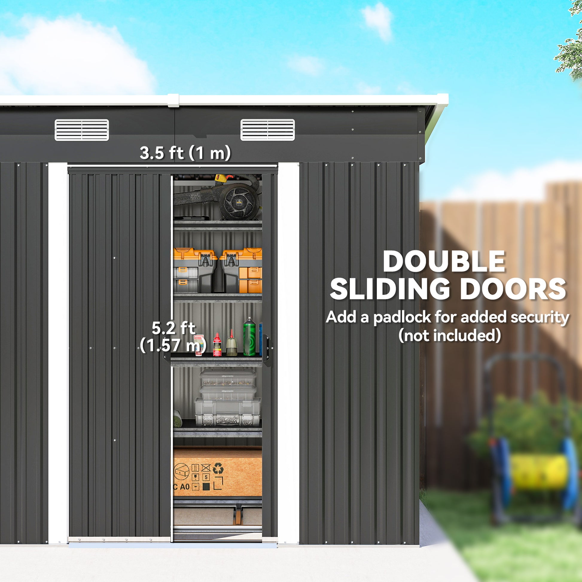 7' x 4' Metal Patio Storage Shed - Black Galvanized Steel Tool Unit-Patio & Garden > Lawn & Garden > Sheds-DECOROLALA