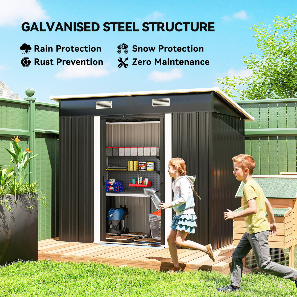 7' x 4' Metal Patio Storage Shed - Black Galvanized Steel Tool Unit-Patio & Garden > Lawn & Garden > Sheds-DECOROLALA