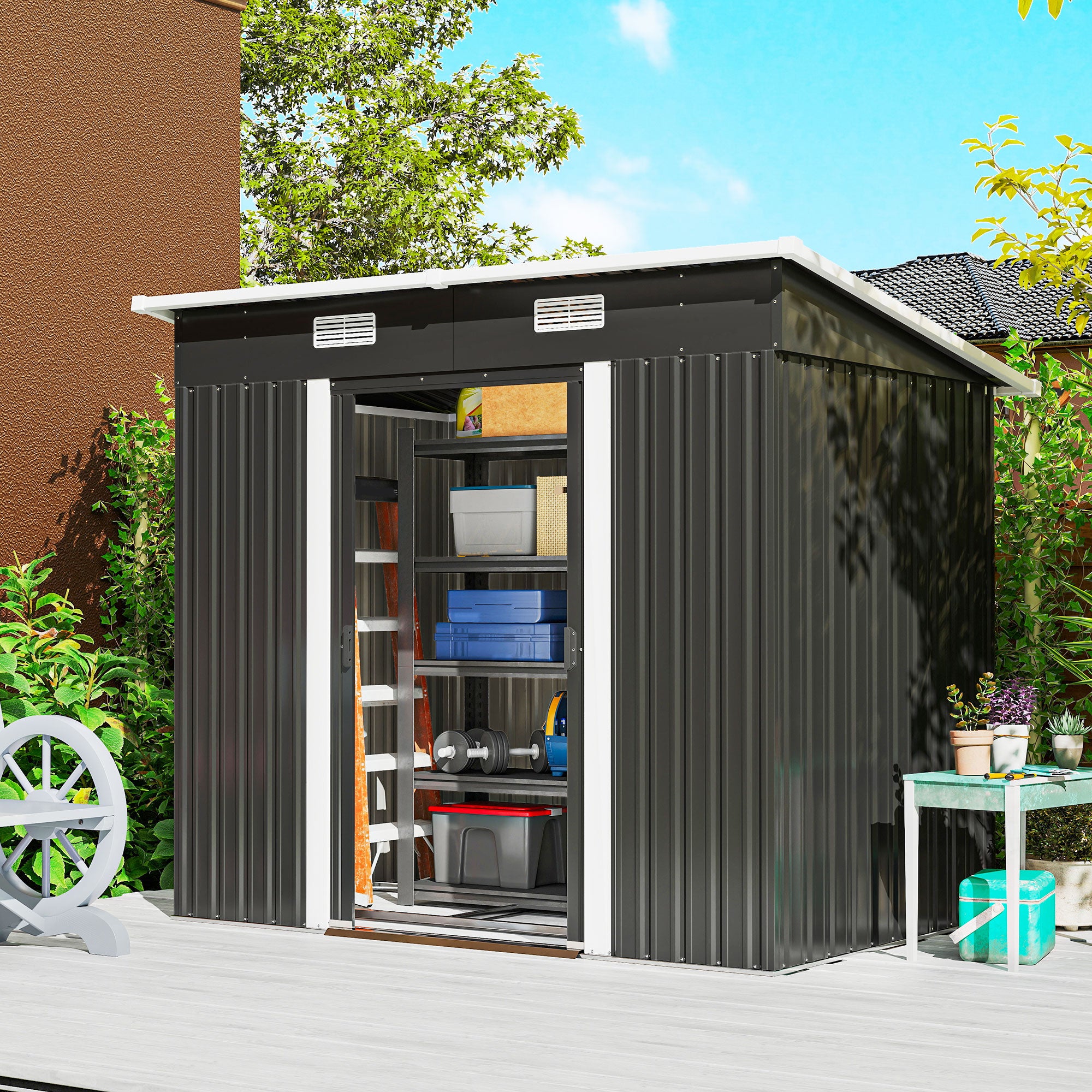 7' x 4' Metal Patio Storage Shed - Black Galvanized Steel Tool Unit-Patio & Garden > Lawn & Garden > Sheds-DECOROLALA