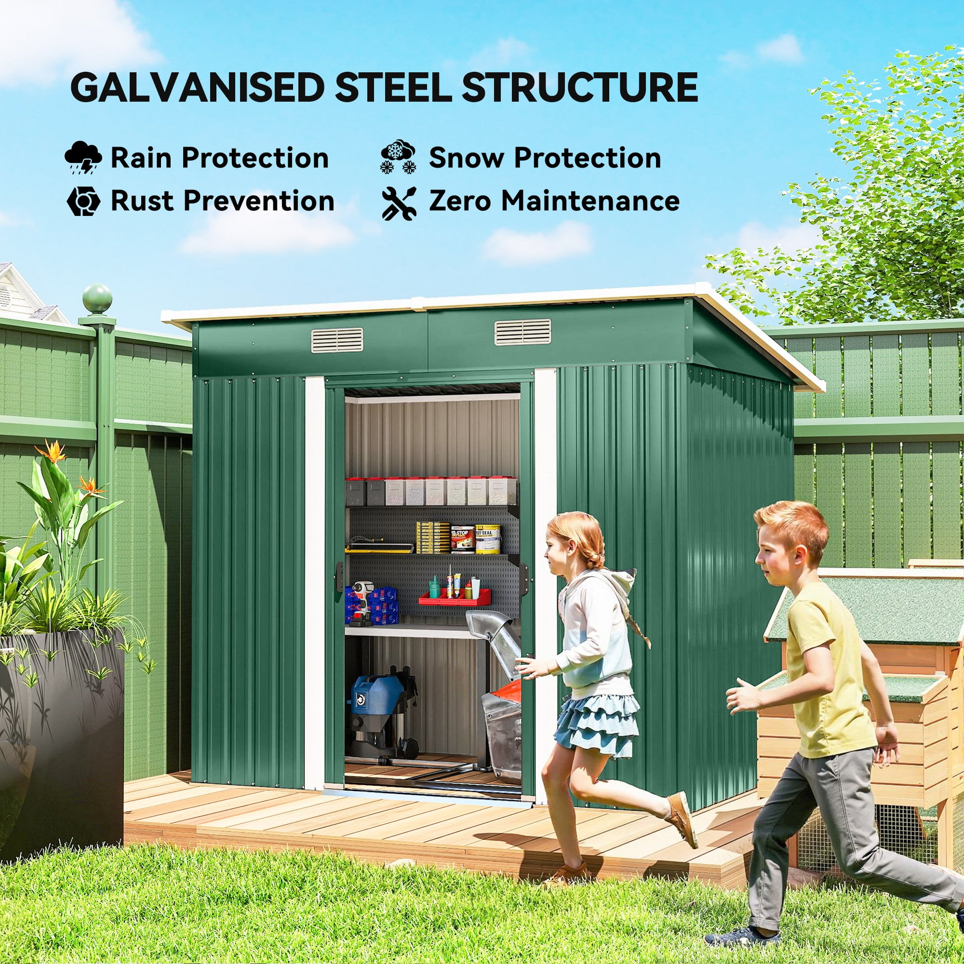 7' x 4' Metal Patio Storage Shed - Lockable Galvanized Steel, Green-Patio & Garden > Lawn & Garden > Sheds-DECOROLALA