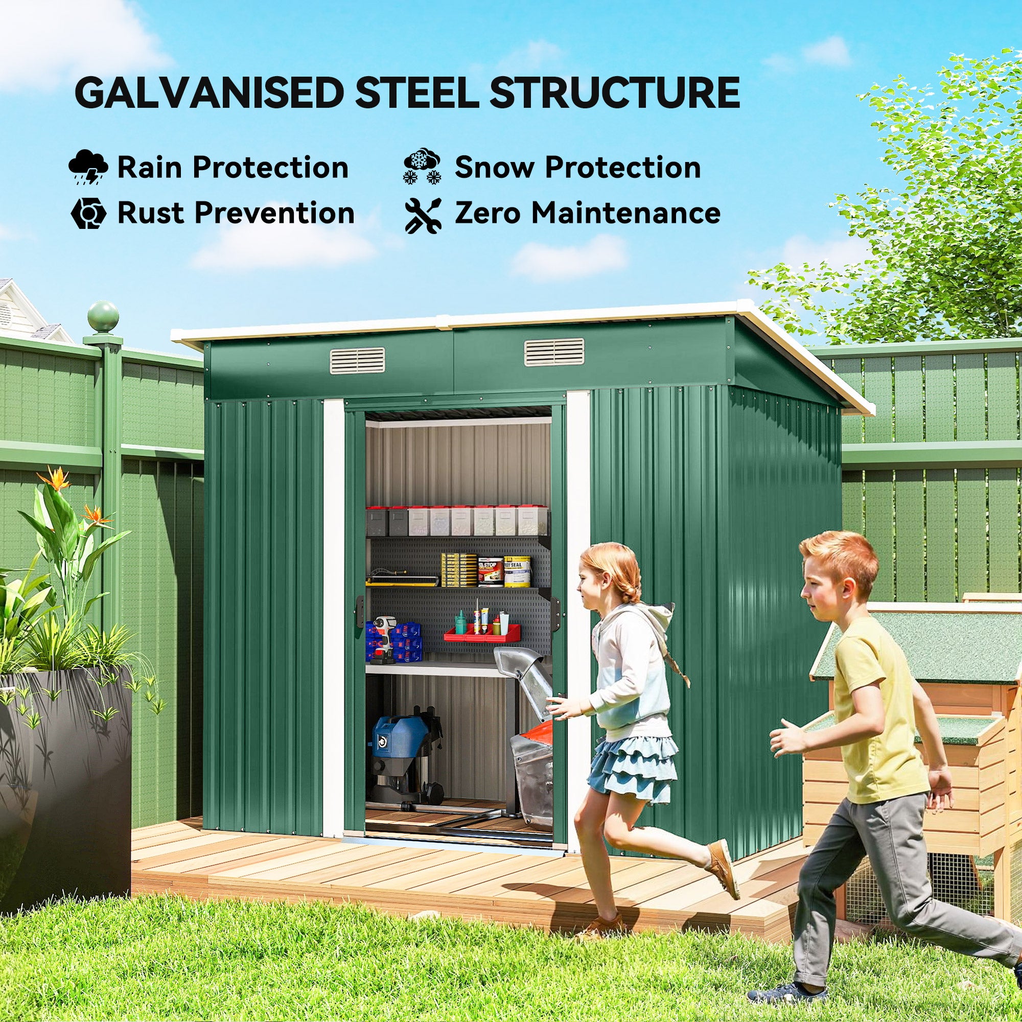 7' x 4' Metal Patio Storage Shed - Lockable Galvanized Steel, Green-Patio & Garden > Lawn & Garden > Sheds-DECOROLALA