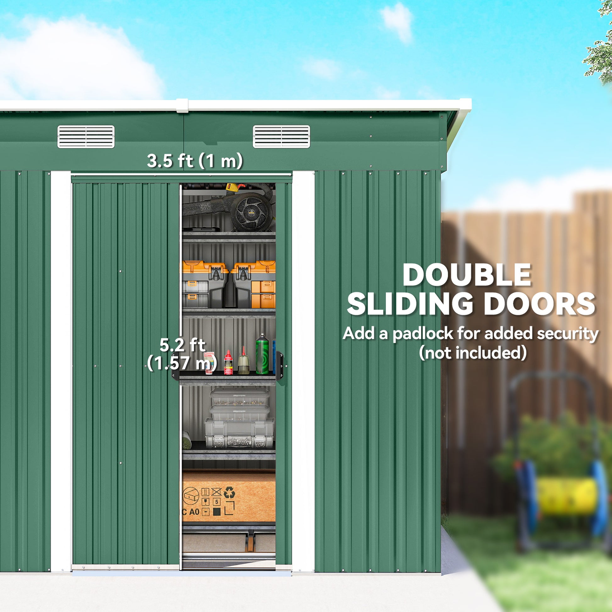 7' x 4' Metal Patio Storage Shed - Lockable Galvanized Steel, Green-Patio & Garden > Lawn & Garden > Sheds-DECOROLALA