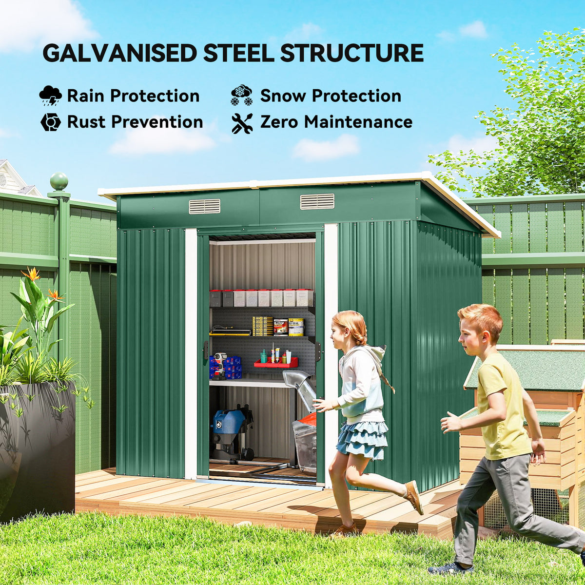 7' x 4' Metal Patio Storage Shed - Lockable Galvanized Steel, Green-Patio & Garden > Lawn & Garden > Sheds-DECOROLALA