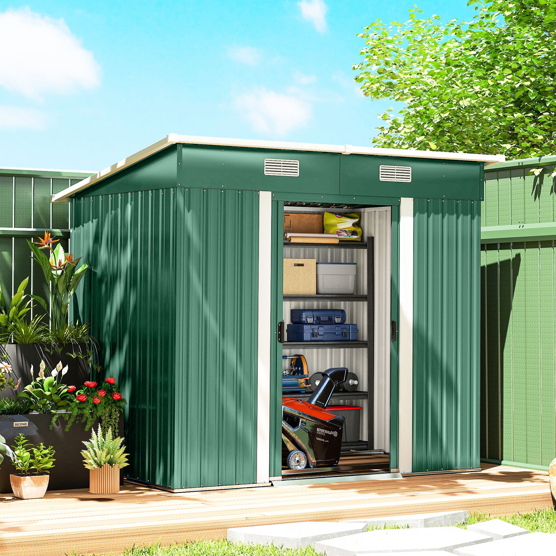 7' x 4' Metal Patio Storage Shed - Lockable Galvanized Steel, Green-Patio & Garden > Lawn & Garden > Sheds-DECOROLALA