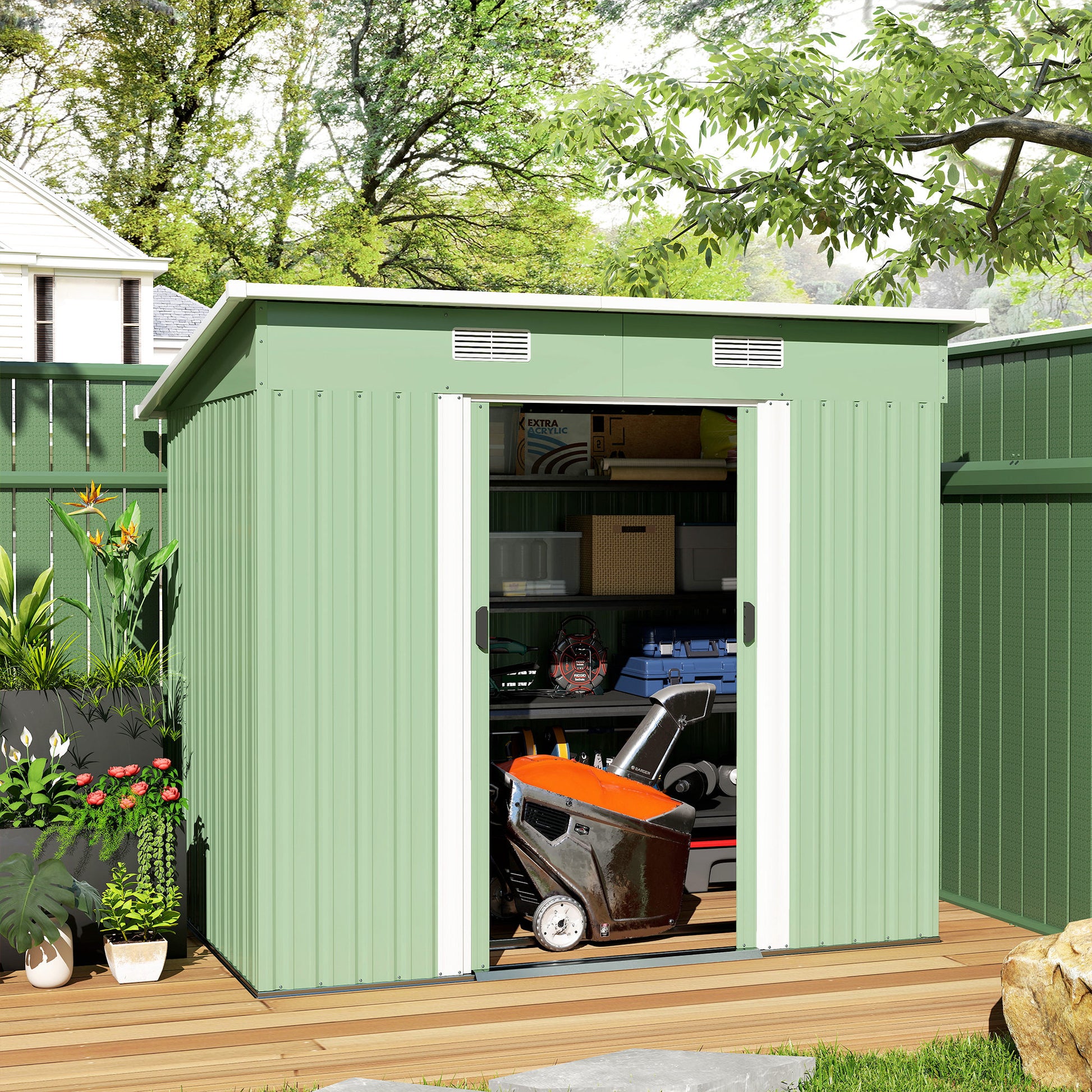 7' x 4' Metal Patio Storage Shed - Lockable Light Green Steel Unit-Patio & Garden > Lawn & Garden > Sheds-DECOROLALA