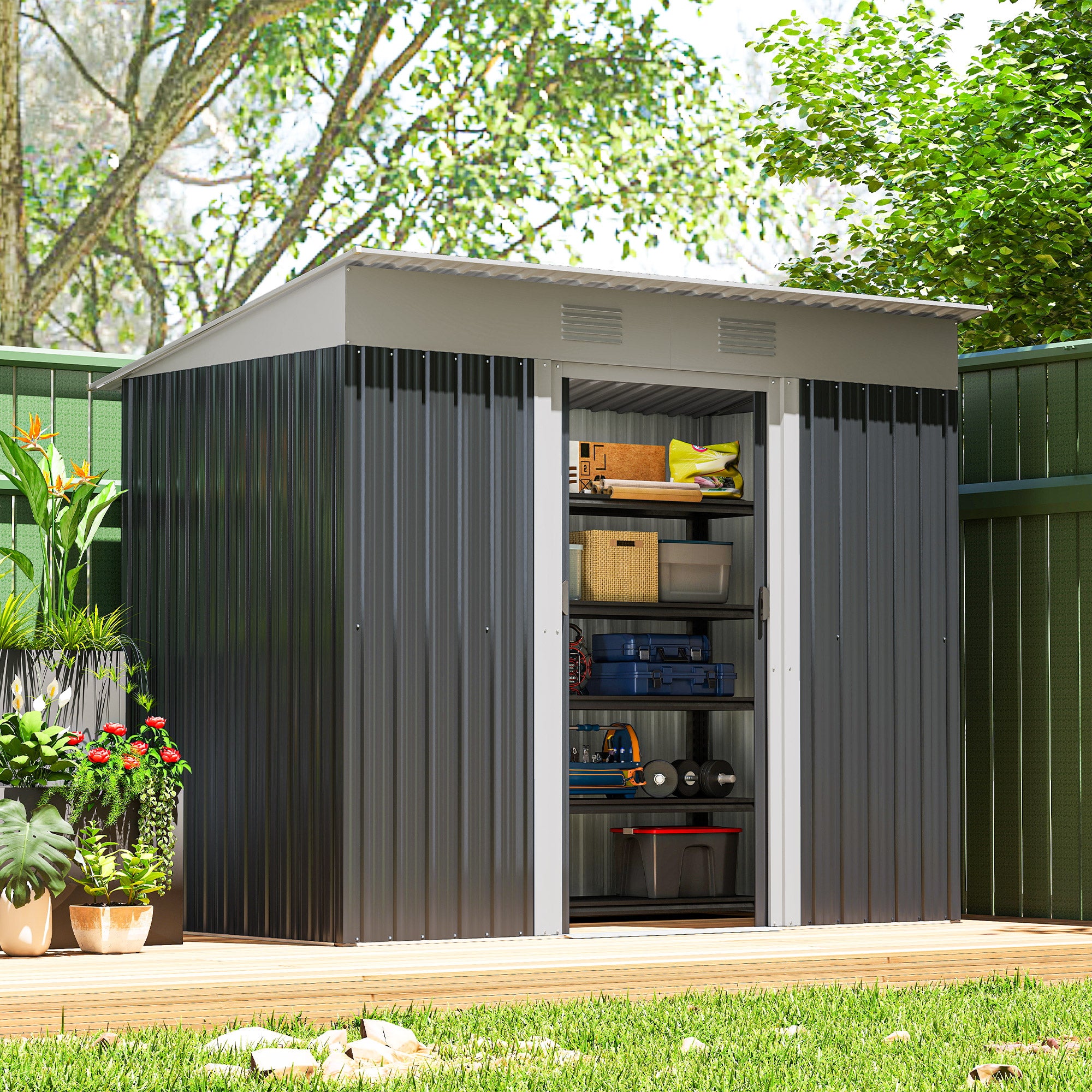 7' x 4' Outdoor Metal Storage Shed - Charcoal Grey-Patio & Garden > Lawn & Garden > Sheds-DECOROLALA