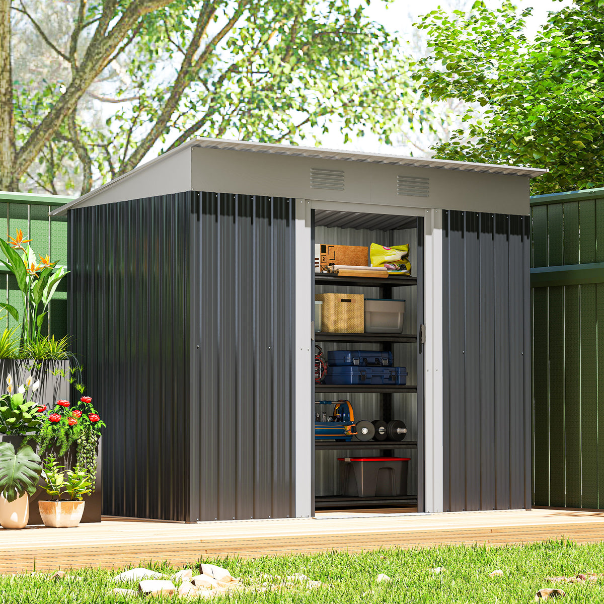 7' x 4' Outdoor Metal Storage Shed - Charcoal Grey-Patio & Garden > Lawn & Garden > Sheds-DECOROLALA