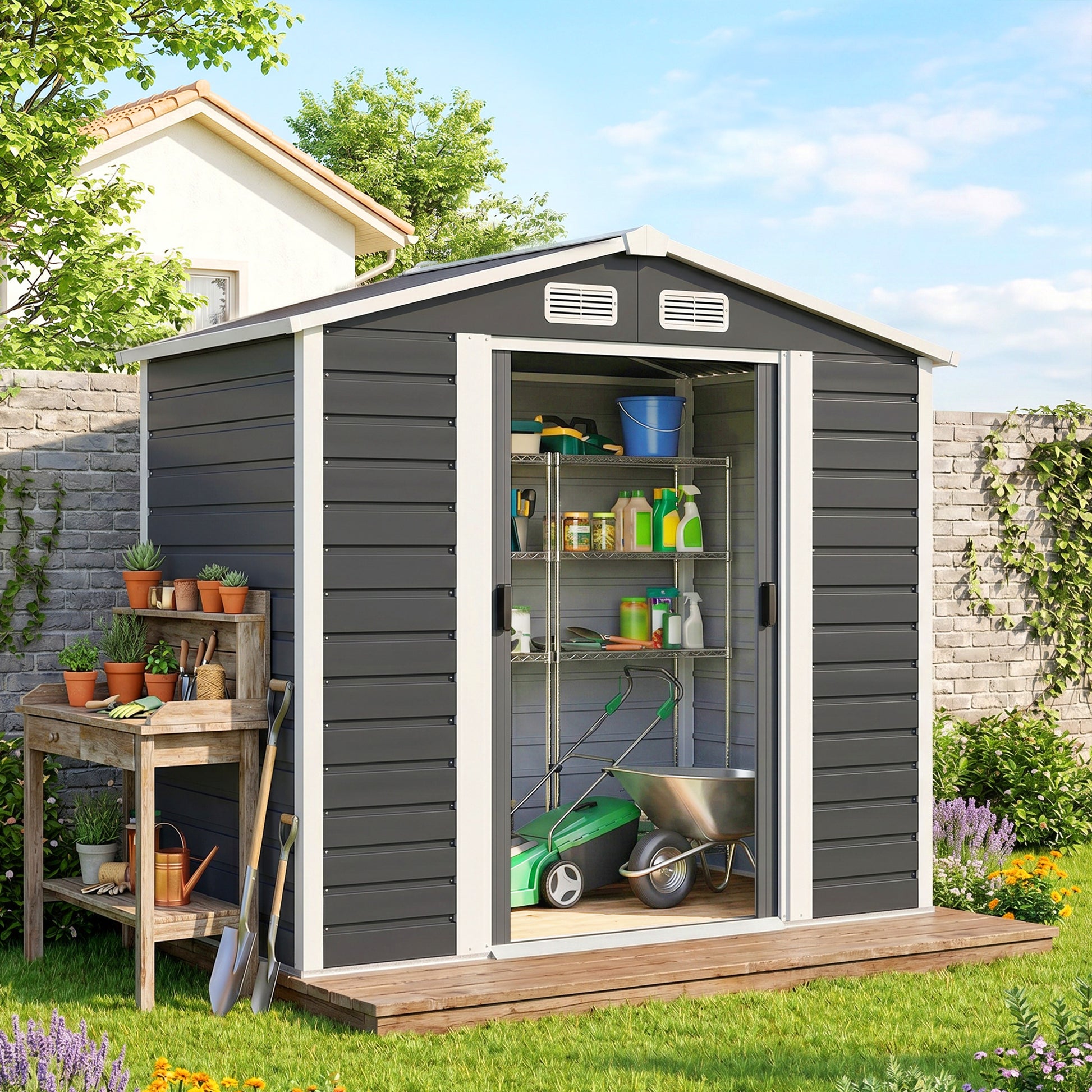 7' x 4' Outdoor Metal Storage Shed - Dark Grey-Patio & Garden > Lawn & Garden > Sheds-DECOROLALA
