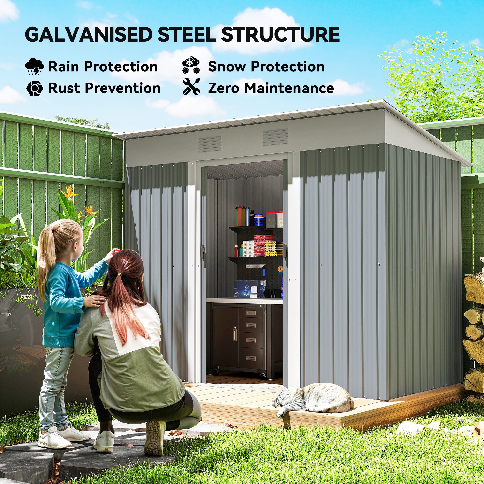 7' x 4' Outdoor Metal Storage Shed - Grey Galvanized Steel-Patio & Garden > Lawn & Garden > Sheds-DECOROLALA