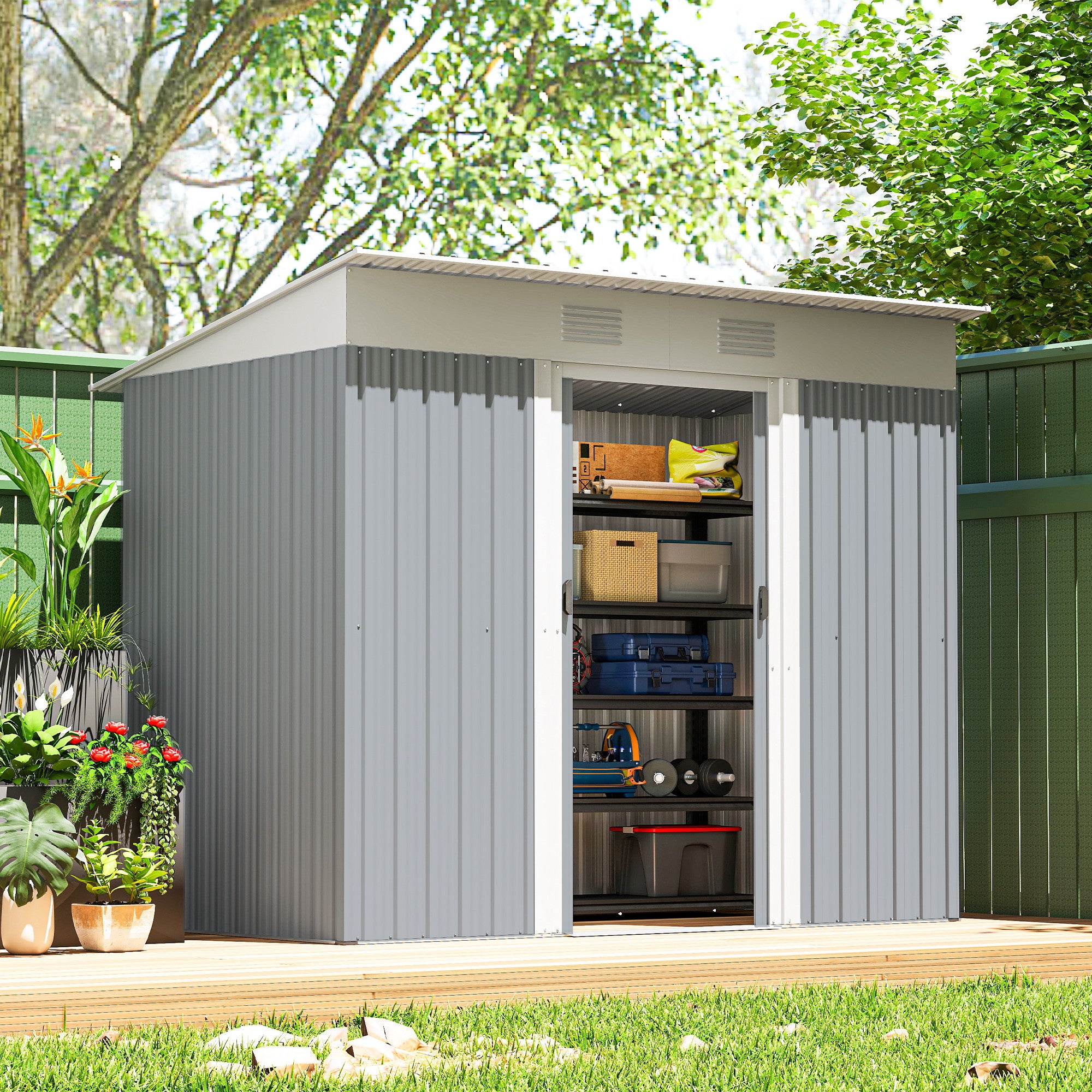7' x 4' Outdoor Metal Storage Shed - Grey Galvanized Steel-Patio & Garden > Lawn & Garden > Sheds-DECOROLALA