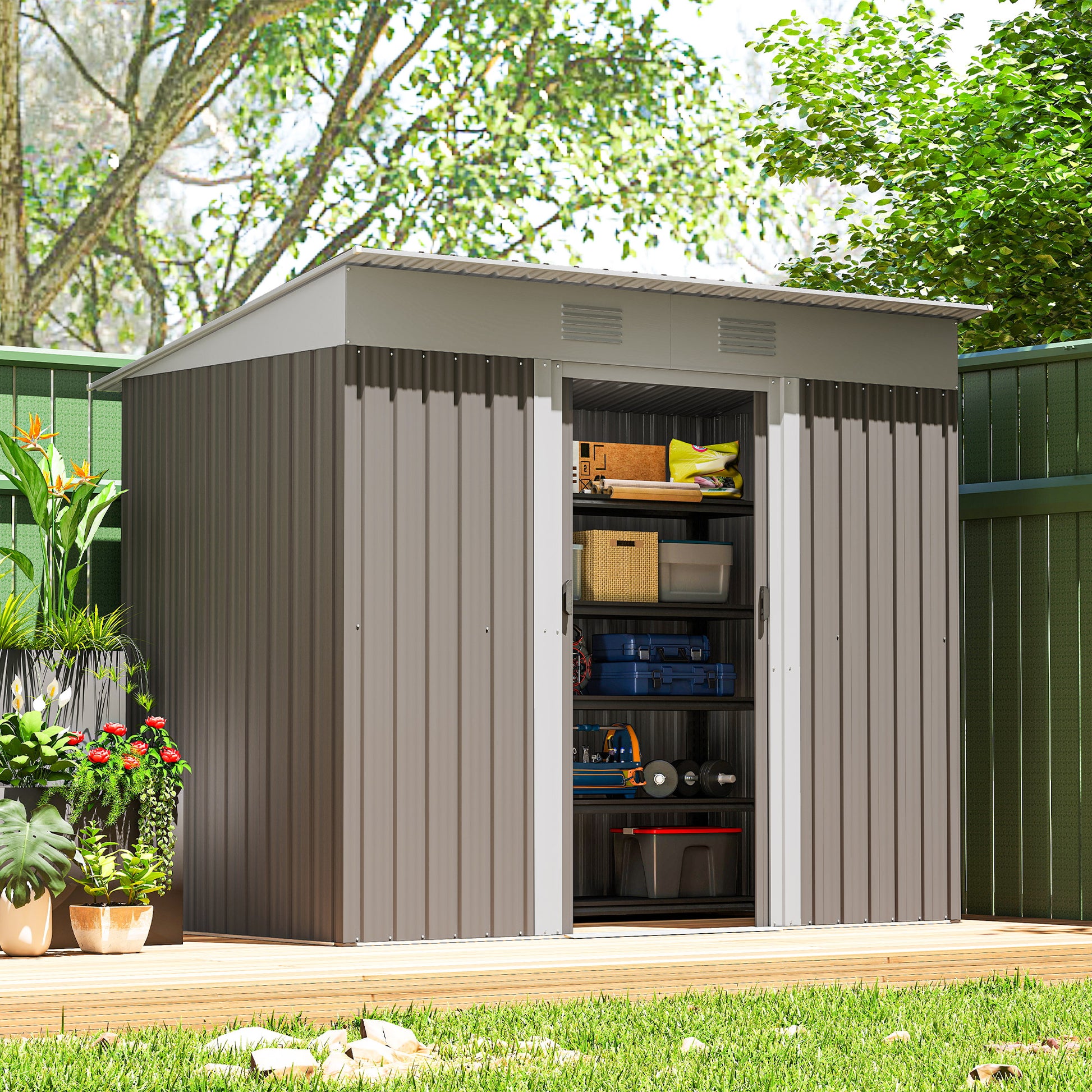 7' x 4' Outdoor Metal Storage Shed - Light Grey-Patio & Garden > Lawn & Garden > Sheds-DECOROLALA