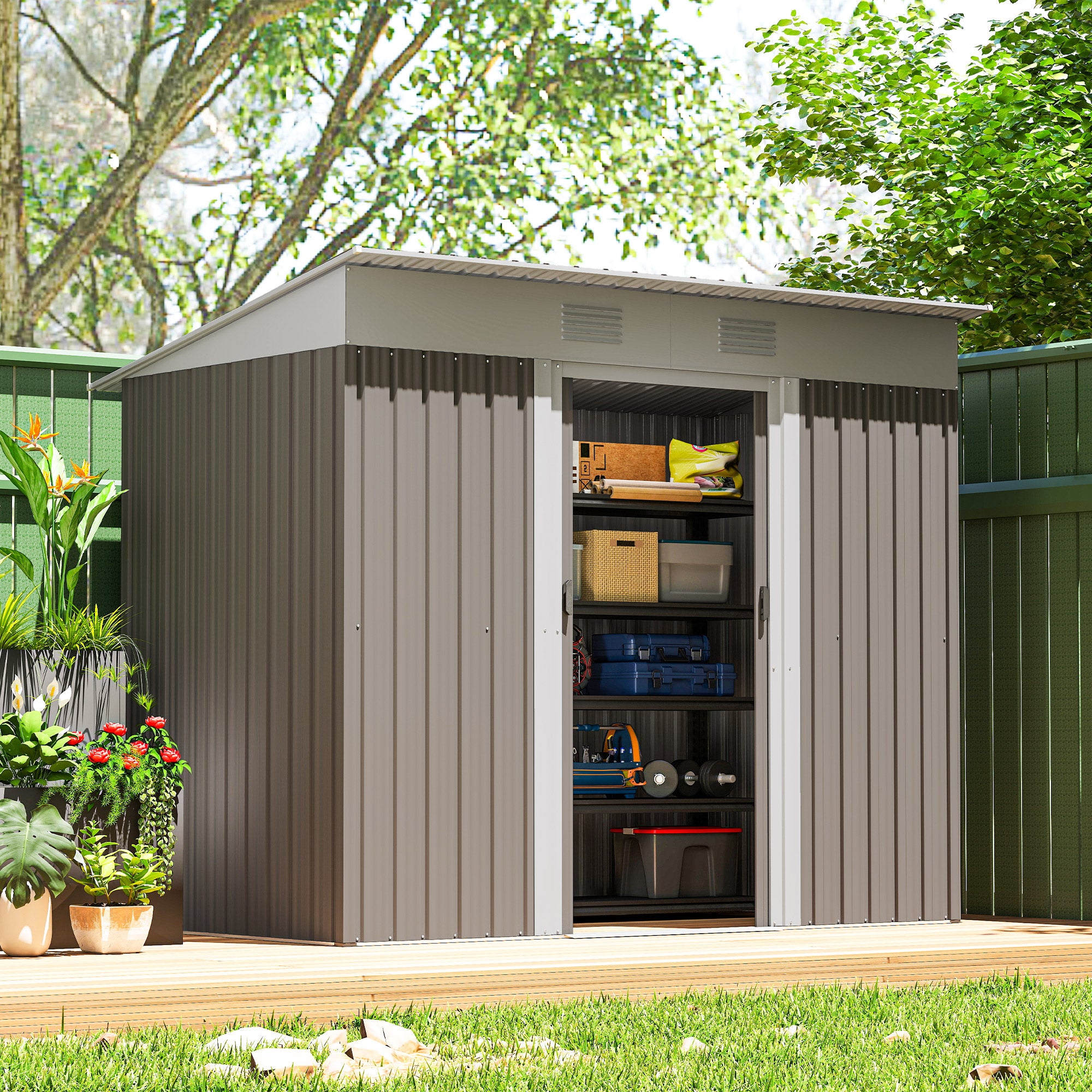 7' x 4' Outdoor Metal Storage Shed - Light Grey-Patio & Garden > Lawn & Garden > Sheds-DECOROLALA