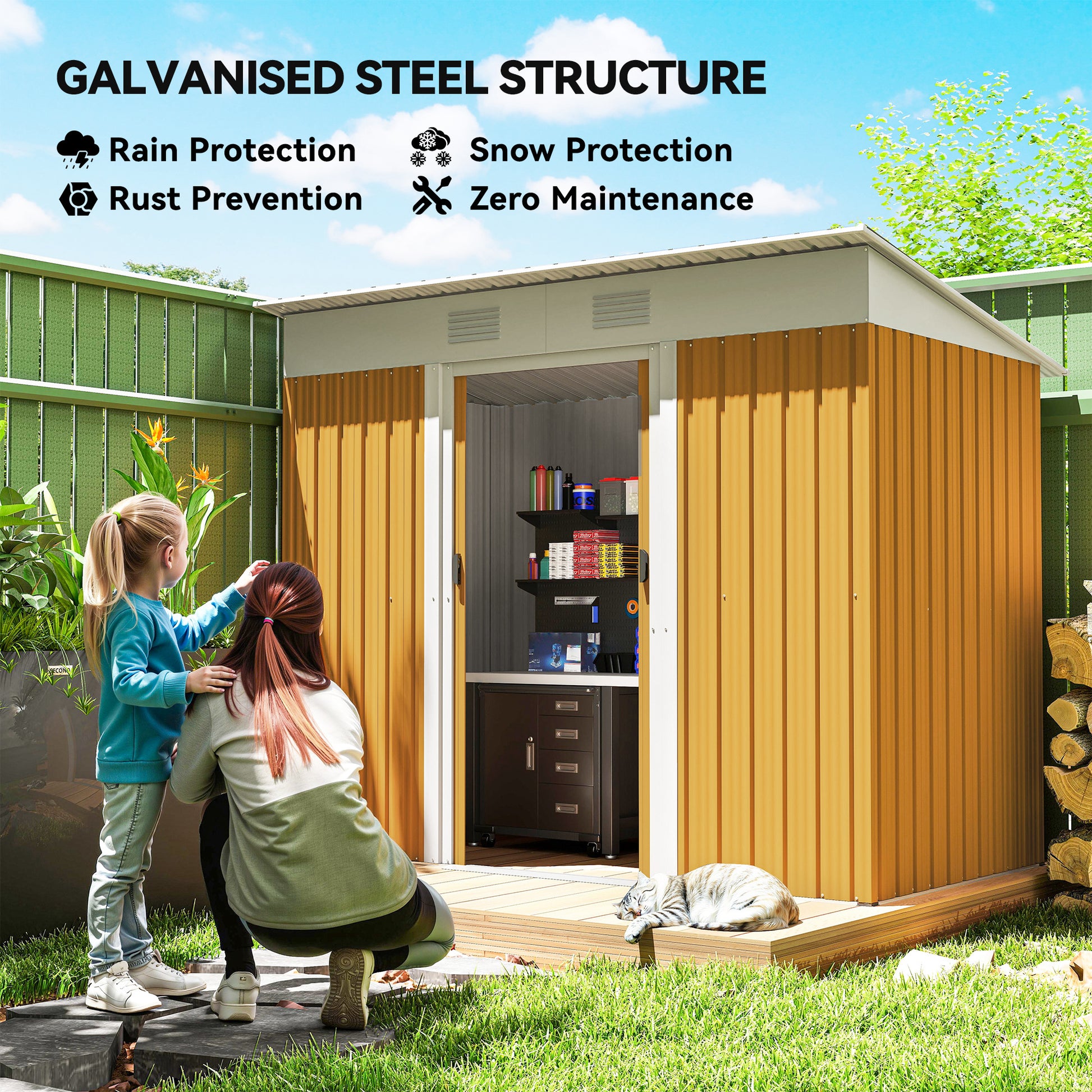 7' x 4' Outdoor Metal Storage Shed - Yellow Galvanized Steel-Patio & Garden > Lawn & Garden > Sheds-DECOROLALA
