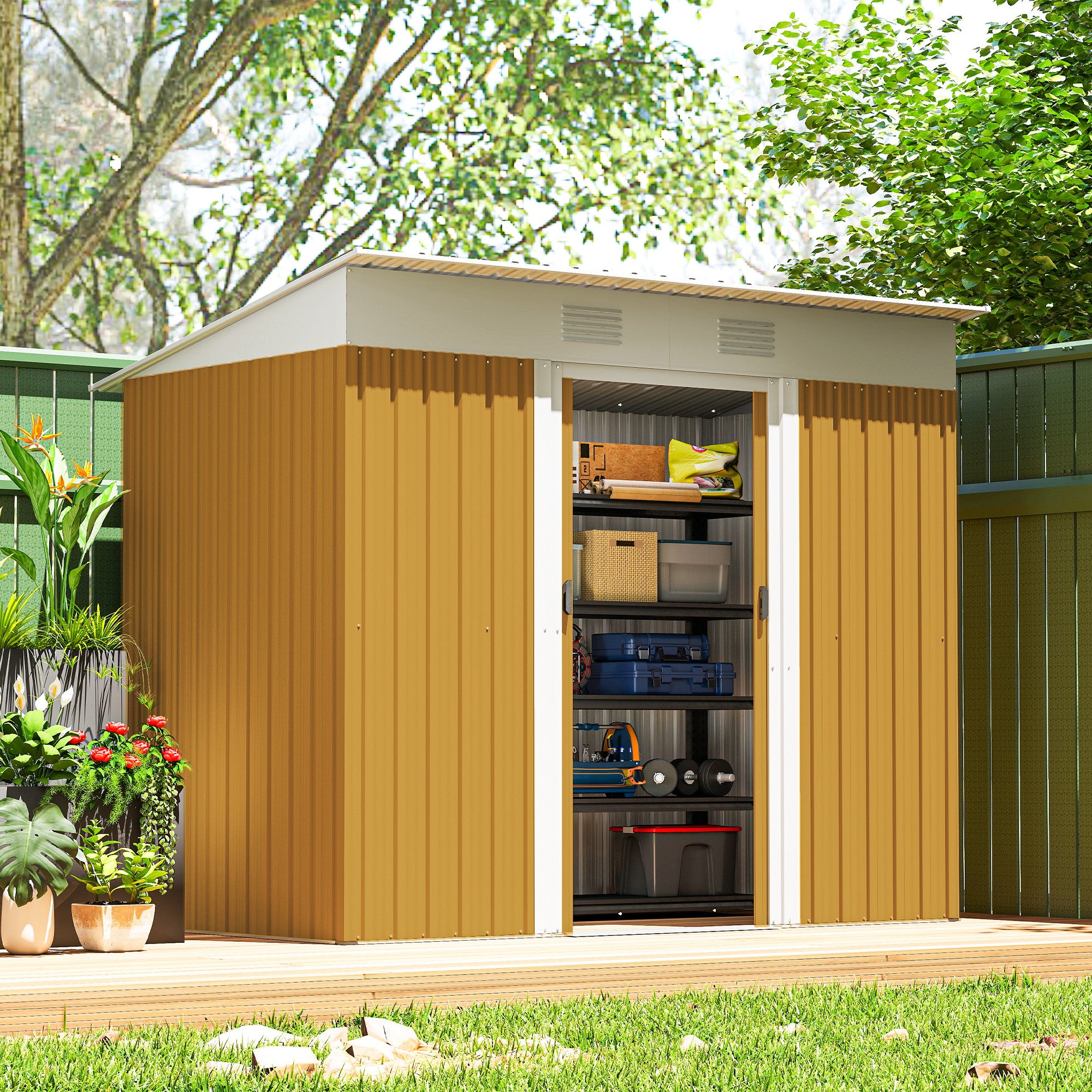 7' x 4' Outdoor Metal Storage Shed - Yellow Galvanized Steel-Patio & Garden > Lawn & Garden > Sheds-DECOROLALA