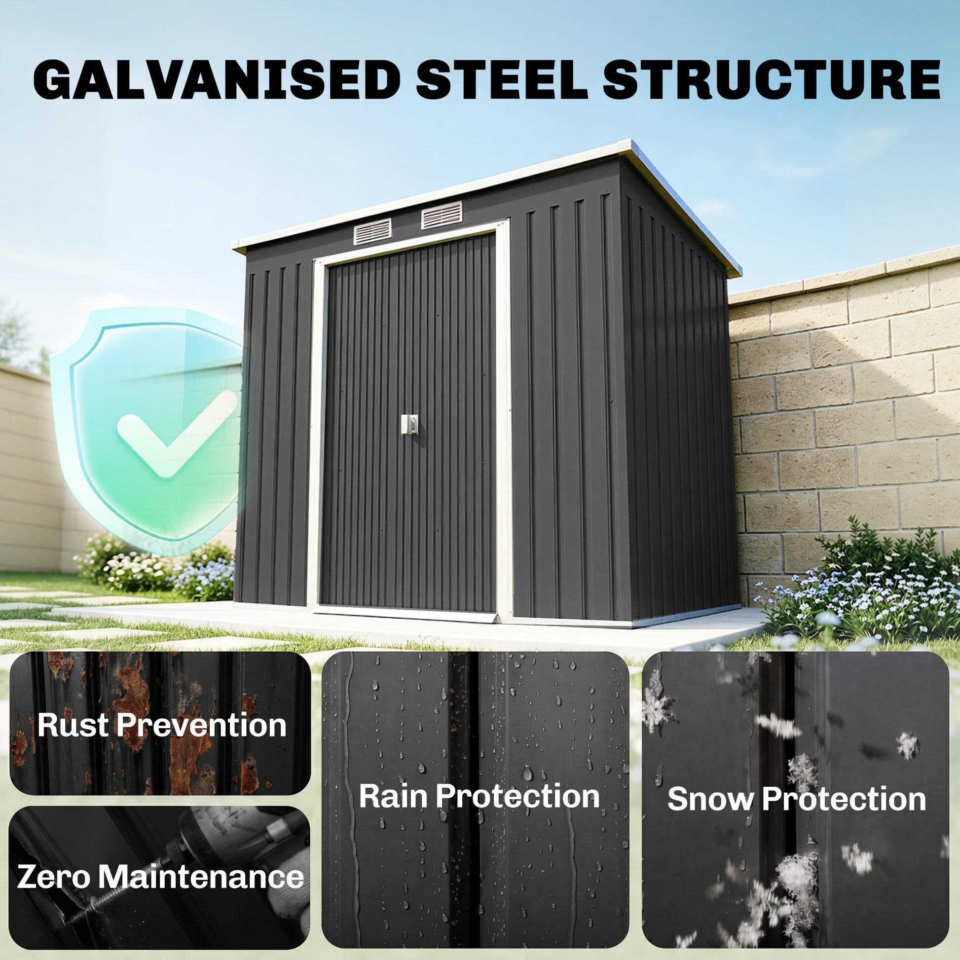 7 x 4ft Galvanized Steel Garden Shed with Foundation Kit-Patio & Garden > Lawn & Garden > Sheds-DECOROLALA