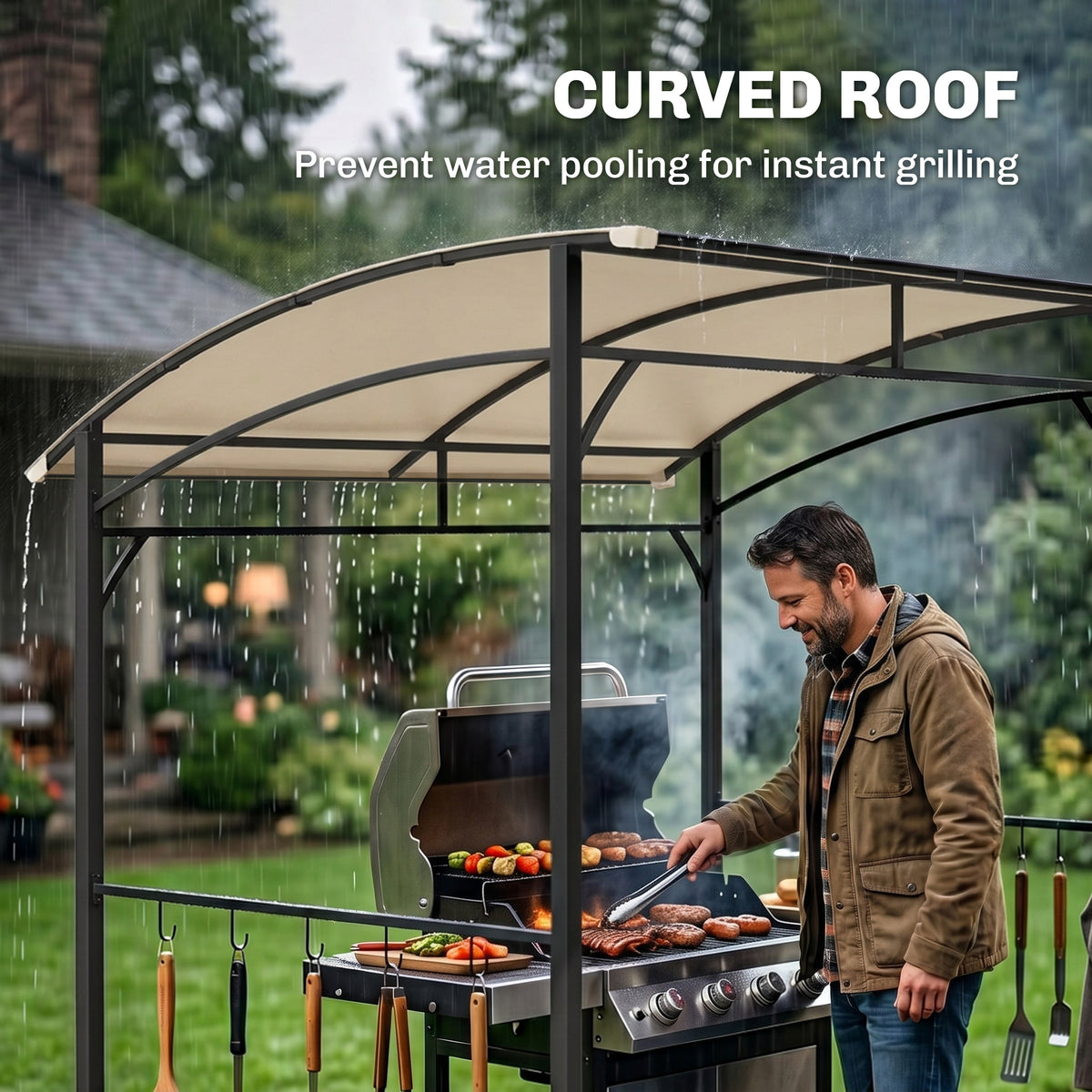 7' x 5' BBQ Grill Gazebo - Beige Steel Frame Canopy-BBQ Grill Gazebos-DECOROLALA