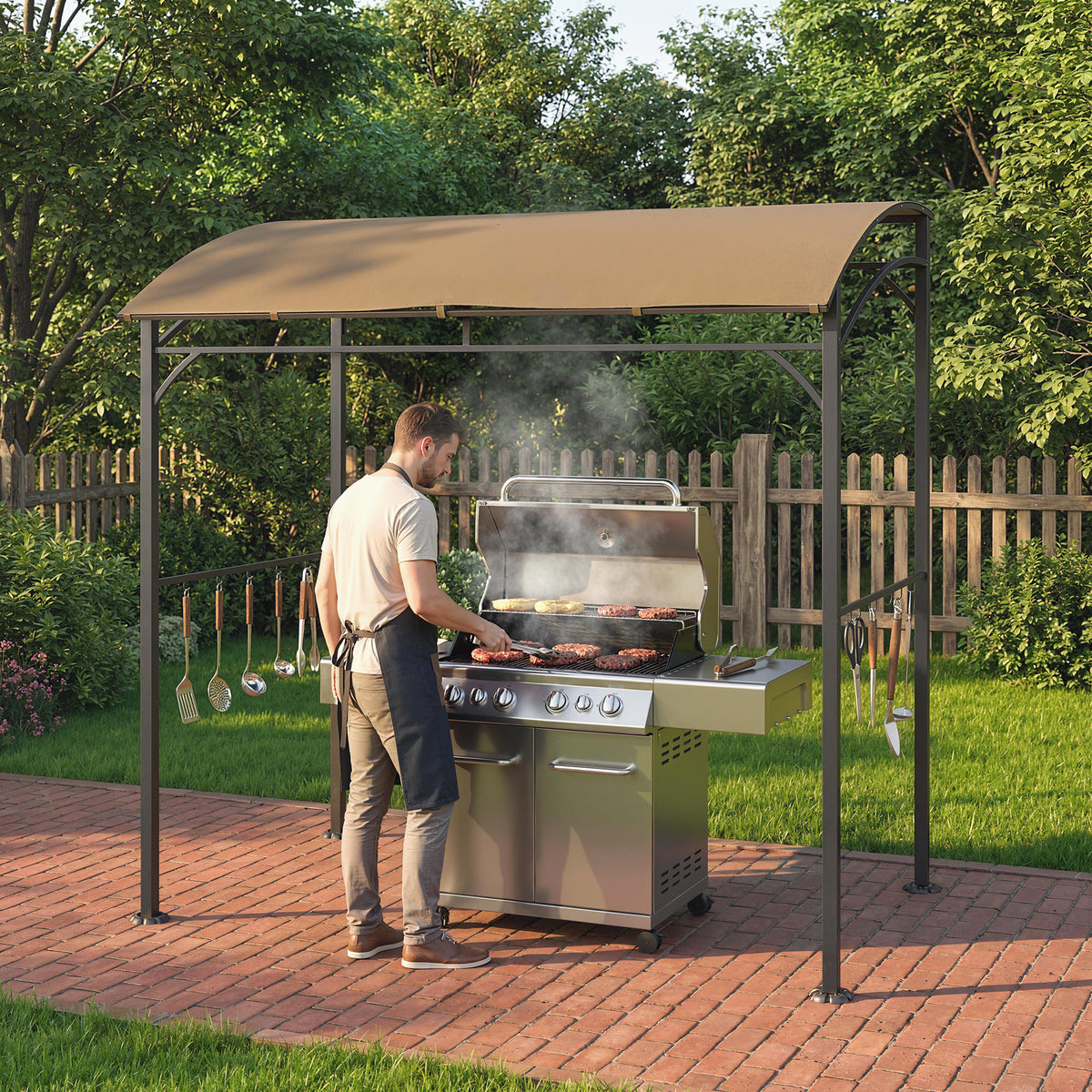 7' x 5' BBQ Grill Gazebo - Dark Coffee Steel Frame Canopy-BBQ Grill Gazebos-DECOROLALA