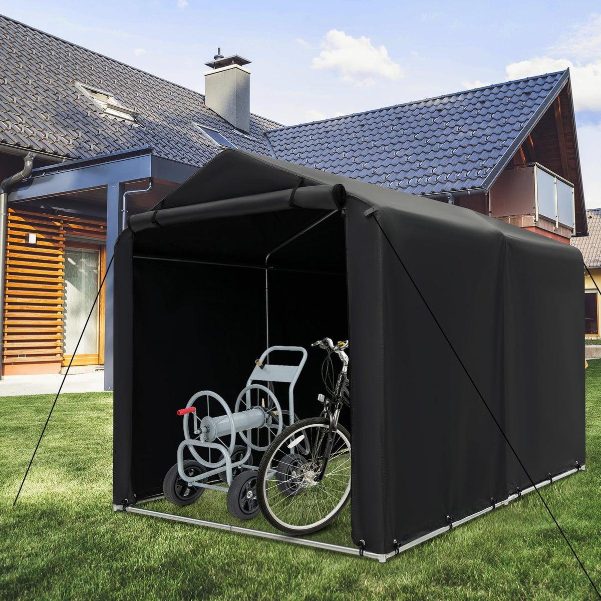 7 x 5.2FT Storage Shelter Outdoor Bike Tent with Waterproof Cover and Zipper Door-Gray-Carports-DECOROLALA