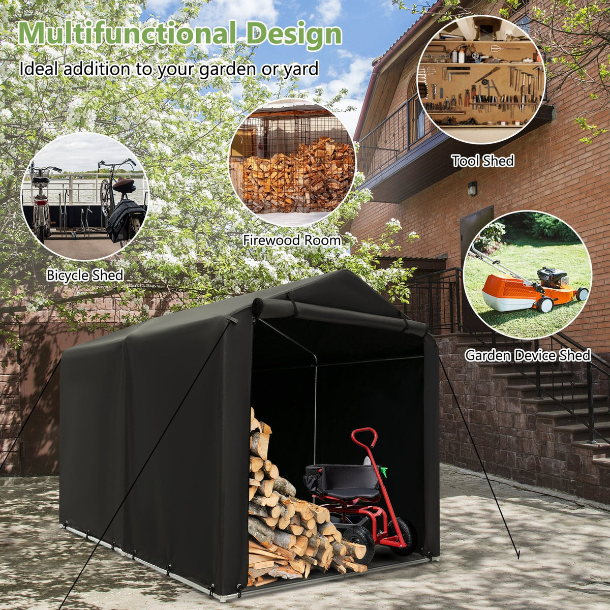 7 x 5.2FT Storage Shelter Outdoor Bike Tent with Waterproof Cover and Zipper Door-Gray-Carports-DECOROLALA