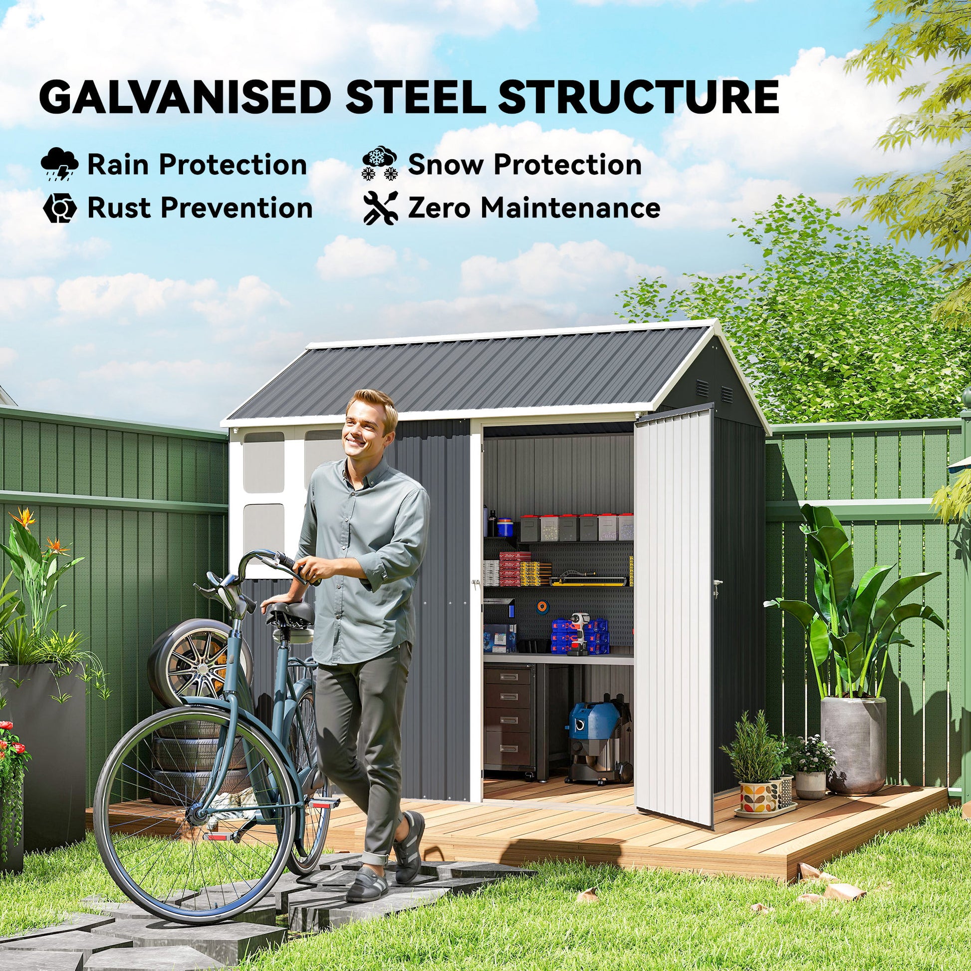 7' x 5.5' Metal Garden Storage Shed - Dark Grey-Patio & Garden > Lawn & Garden > Sheds-DECOROLALA