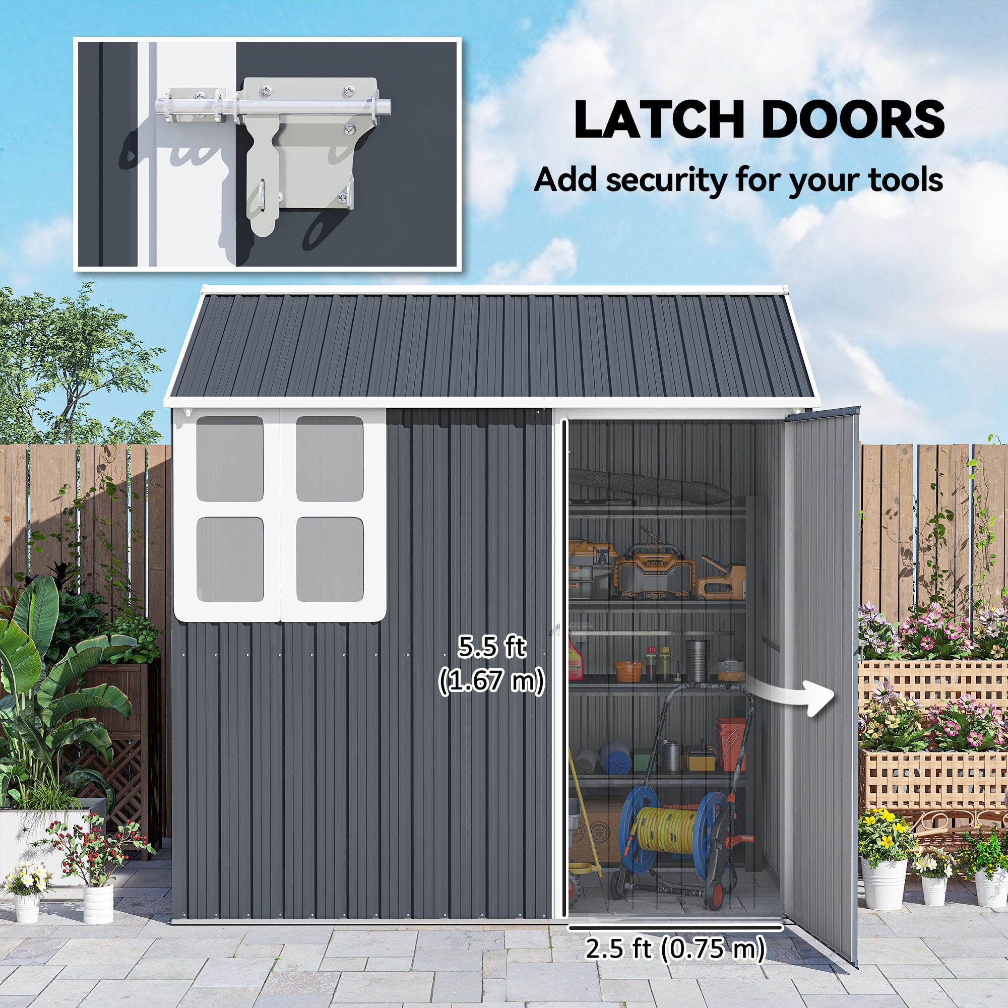 7' x 5.5' Metal Garden Storage Shed - Dark Grey-Patio & Garden > Lawn & Garden > Sheds-DECOROLALA