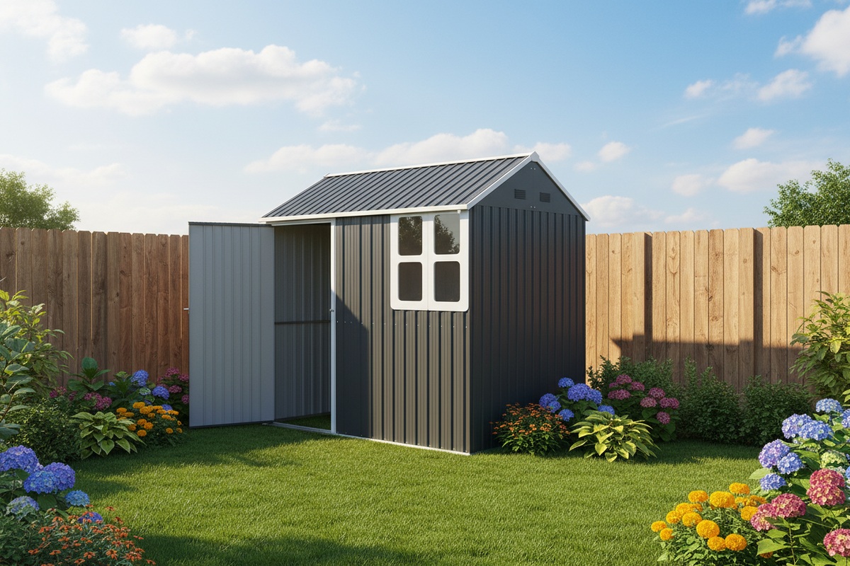 7' x 5.5' Metal Garden Storage Shed - Dark Grey-Storage Sheds-DECOROLALA