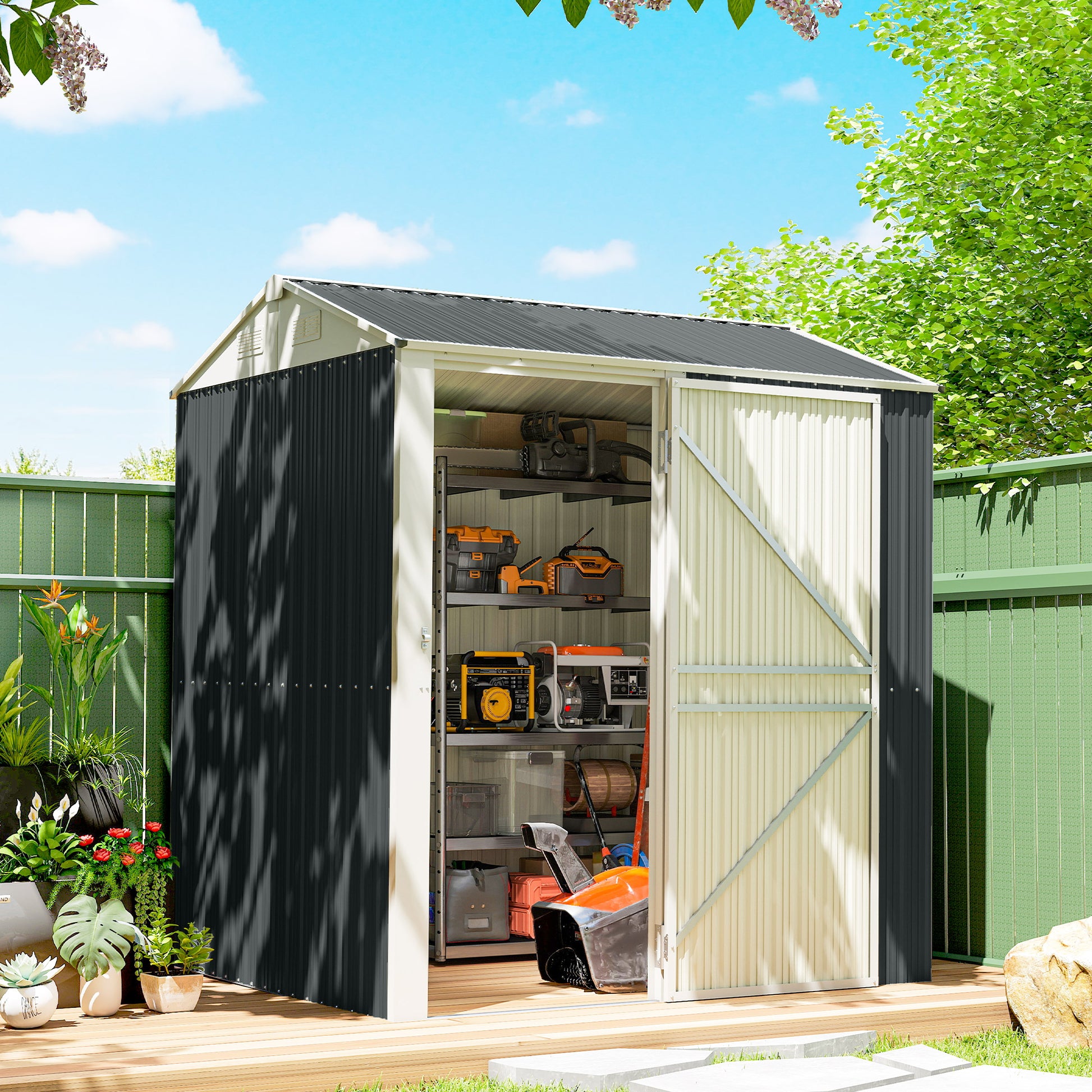 7' x 6' Outdoor Storage Shed - Dark Grey Metal Garden Shed-Patio & Garden > Lawn & Garden > Sheds-DECOROLALA