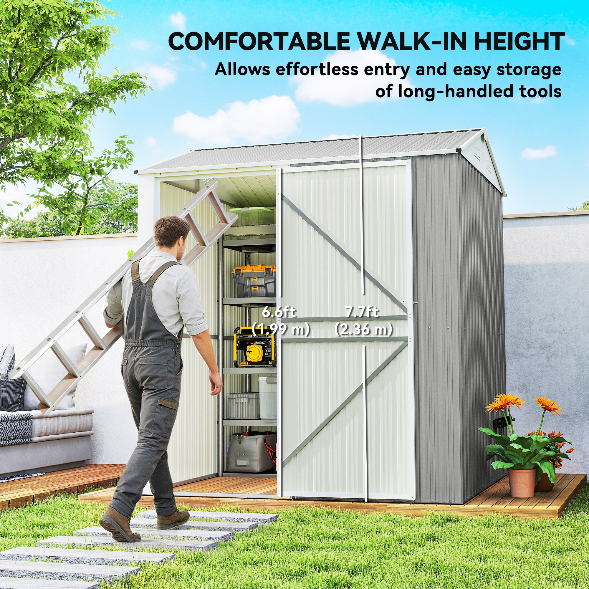 7' x 6' Outdoor Storage Shed - Silver Grey Metal Garden Shed-Patio & Garden > Lawn & Garden > Sheds-DECOROLALA