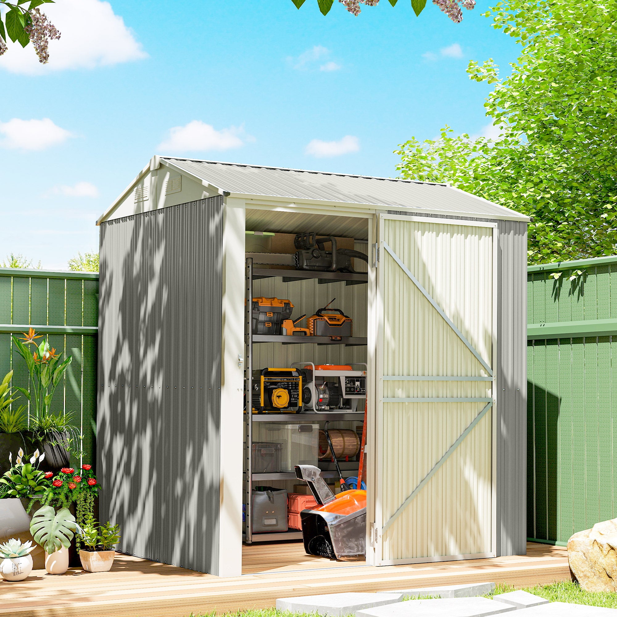 7' x 6' Outdoor Storage Shed - Silver Grey Metal Garden Shed-Patio & Garden > Lawn & Garden > Sheds-DECOROLALA