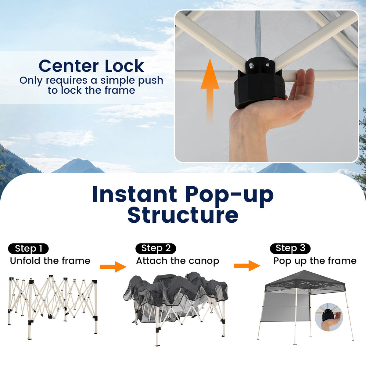 7 x 7 FT Pop-Up Canopy Tent with 1 Push Center Lock for Sports Picnic Camping-Gray-Canopies-DECOROLALA