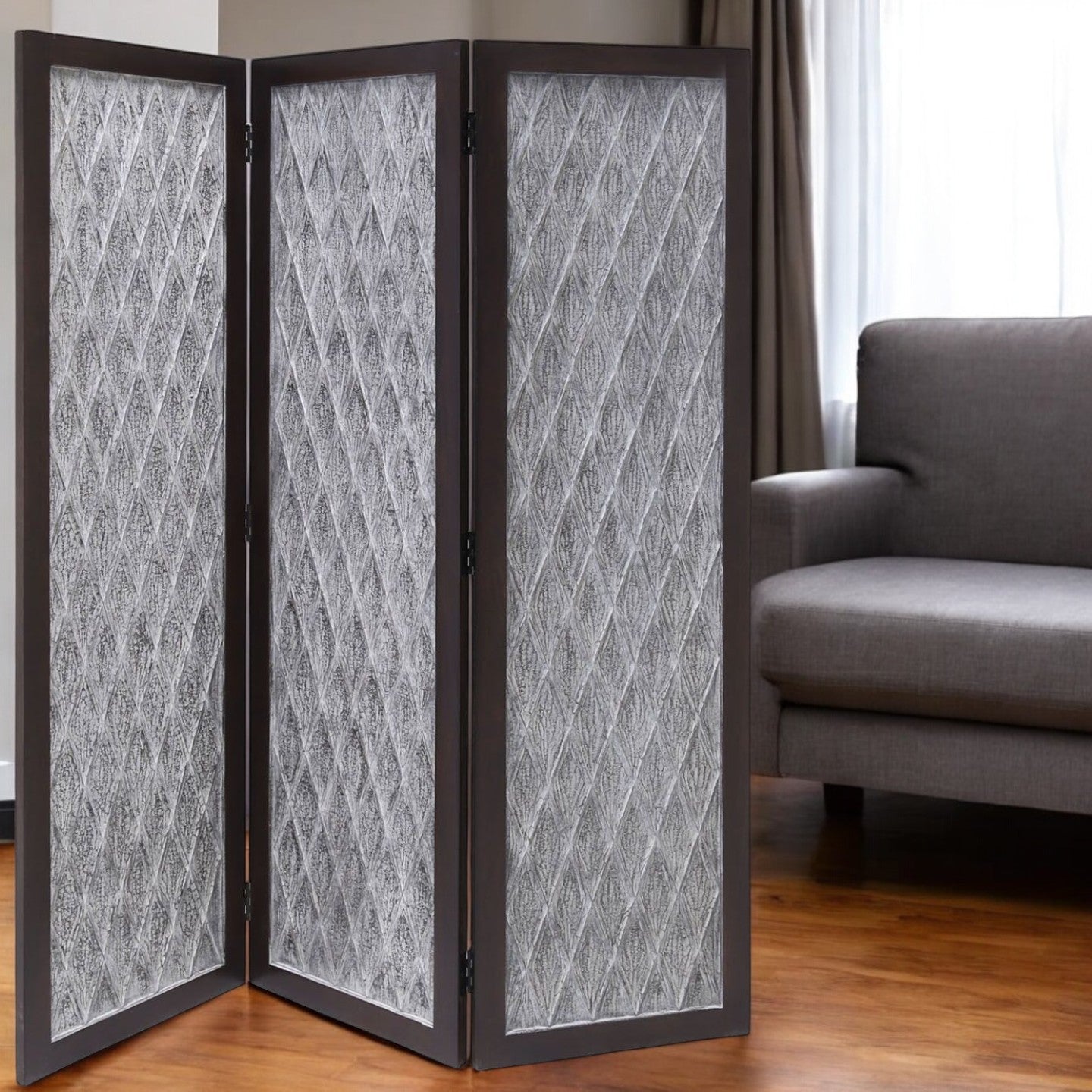 70" Brown Folding Three Panel Screen Room Divider-Room Dividers-DECOROLALA