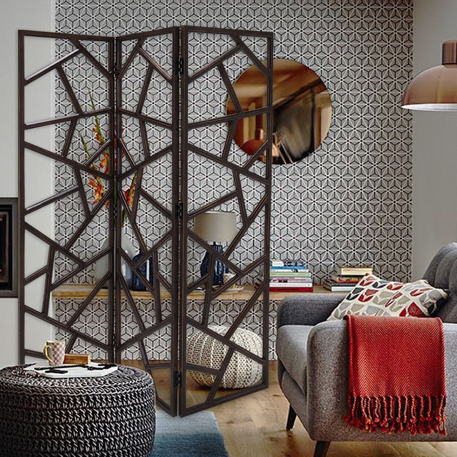 70" Brown Solid Wood Folding Three Panel Screen Room Divider-Room Dividers-DECOROLALA