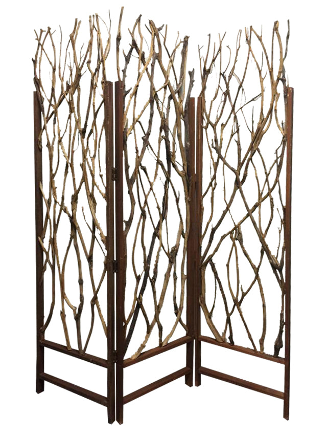 70" Brown Wood Branches Folding Three Panel Screen Room Divider-Room Dividers-DECOROLALA
