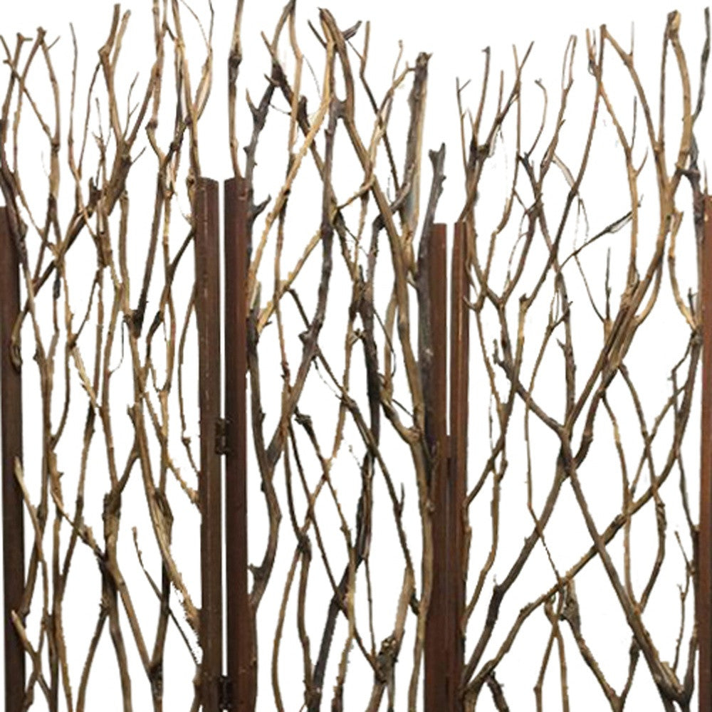 70" Brown Wood Branches Folding Three Panel Screen Room Divider-Room Dividers-DECOROLALA