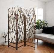 70" Brown Wood Branches Folding Three Panel Screen Room Divider-Room Dividers-DECOROLALA
