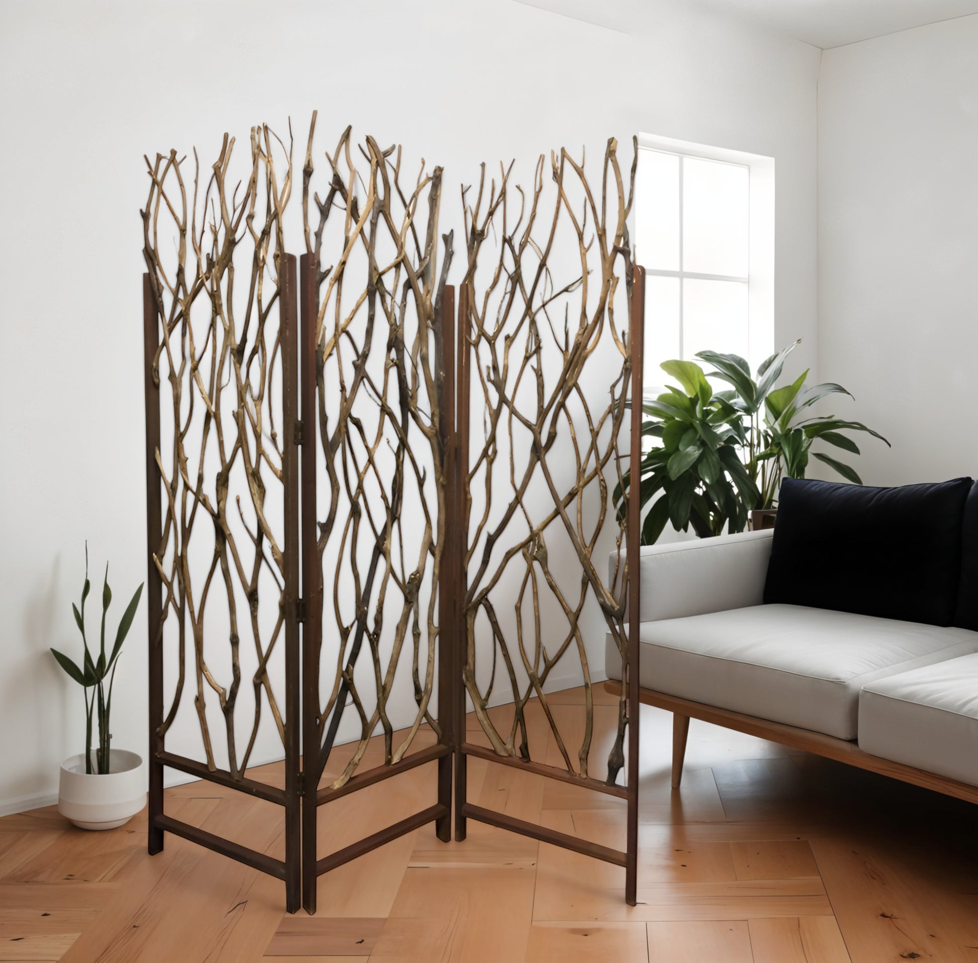 70" Brown Wood Branches Folding Three Panel Screen Room Divider-Room Dividers-DECOROLALA