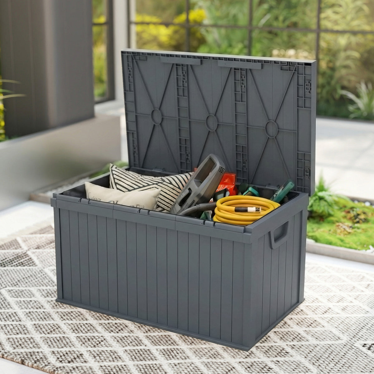 70 Gallon Outdoor Deck Box - Waterproof Dark Grey Resin-Outdoor Storage Boxes-DECOROLALA