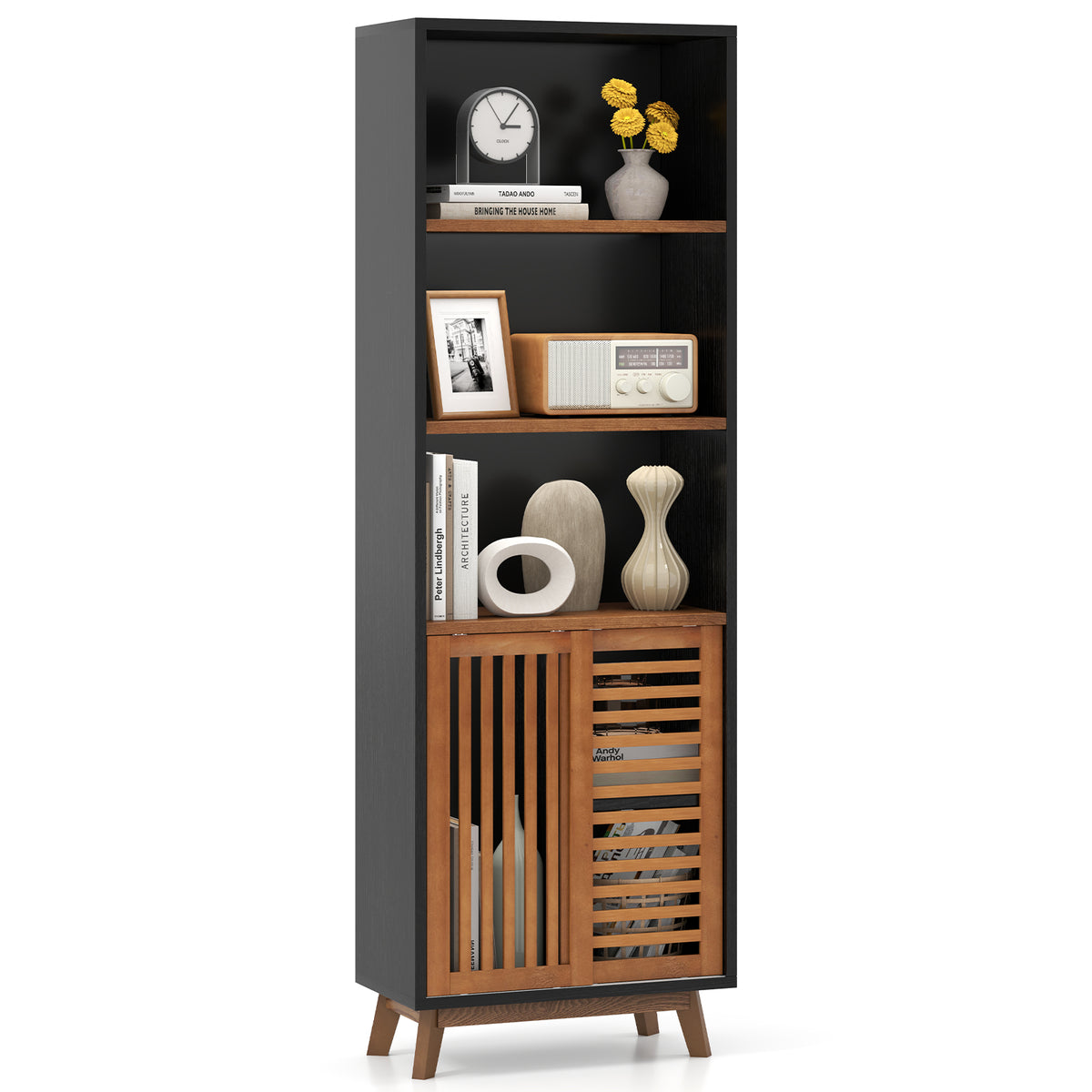 70 Inch 5-Tier Bookshelf with Reversible Adjustable Shelf-Black-Bookcases-DECOROLALA