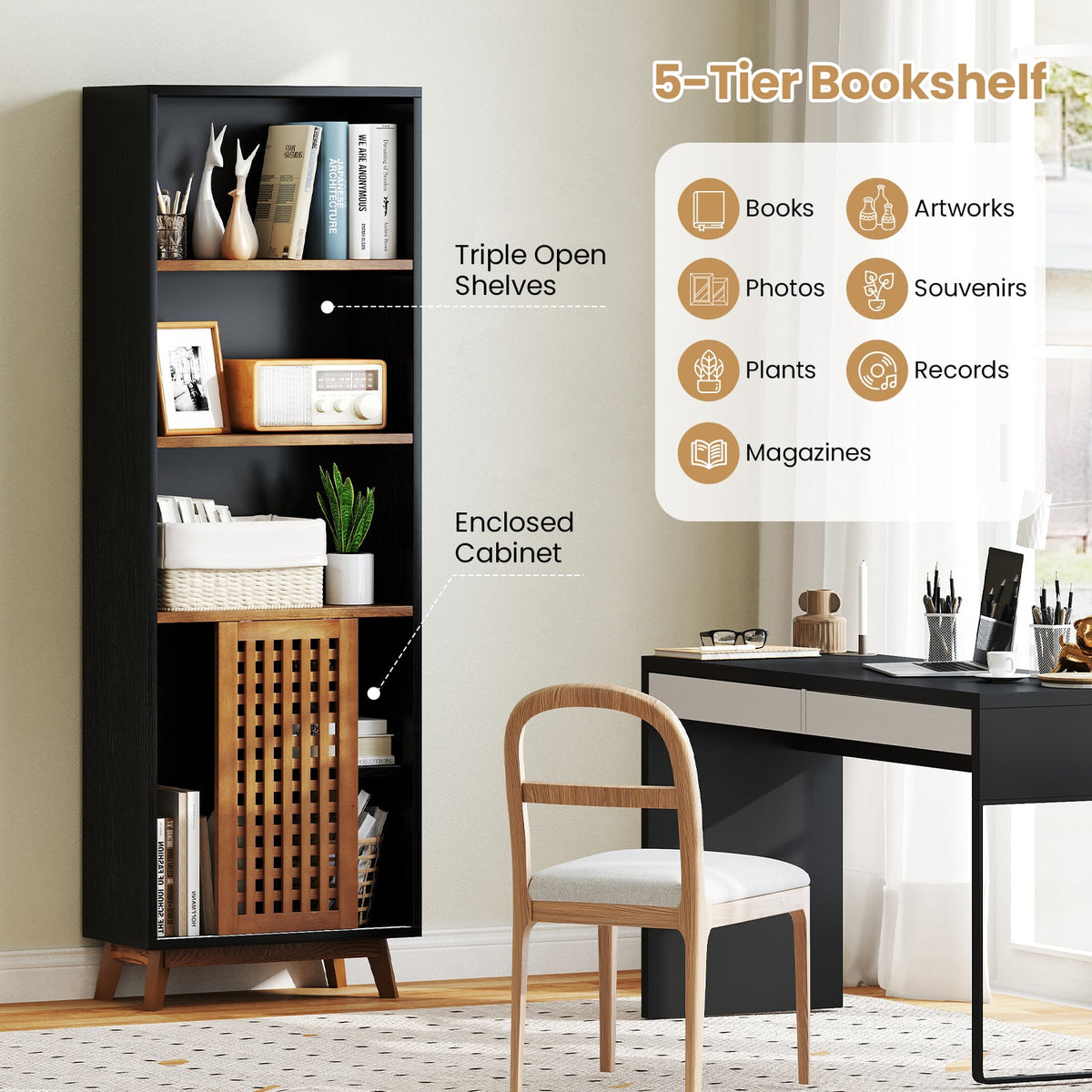 70 Inch 5-Tier Bookshelf with Reversible Adjustable Shelf-Black-Bookcases-DECOROLALA