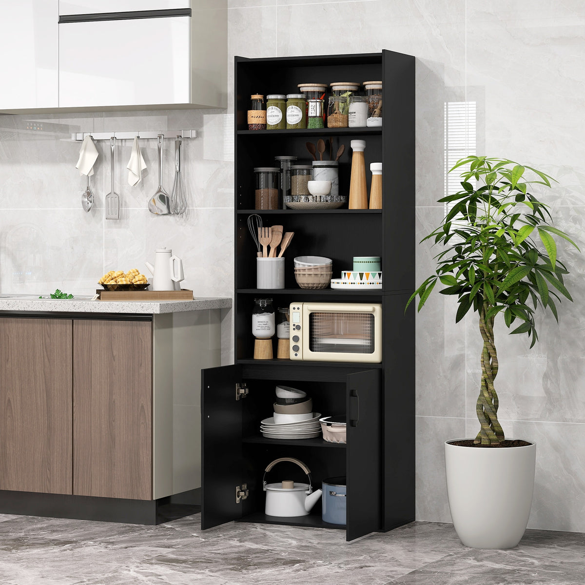 70 Inch Bookcase 6-Tier with Adjustable Shelves and 2-Door Cabinet-Black-Bookcases-DECOROLALA