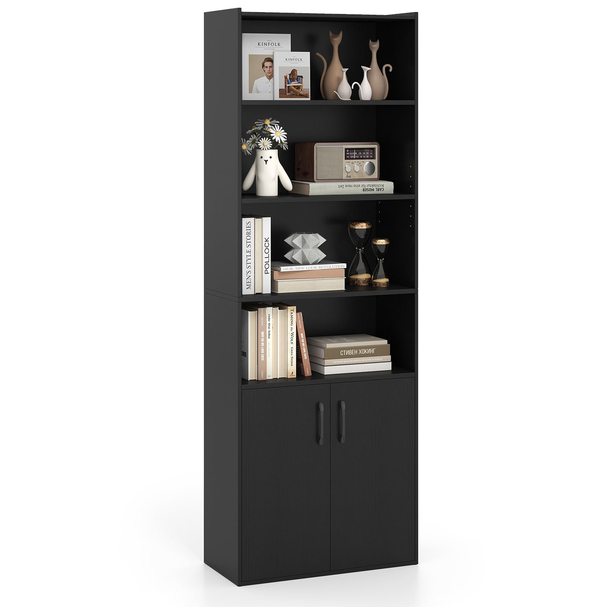 70 Inch Bookcase 6-Tier with Adjustable Shelves and 2-Door Cabinet-Black-Bookcases-DECOROLALA